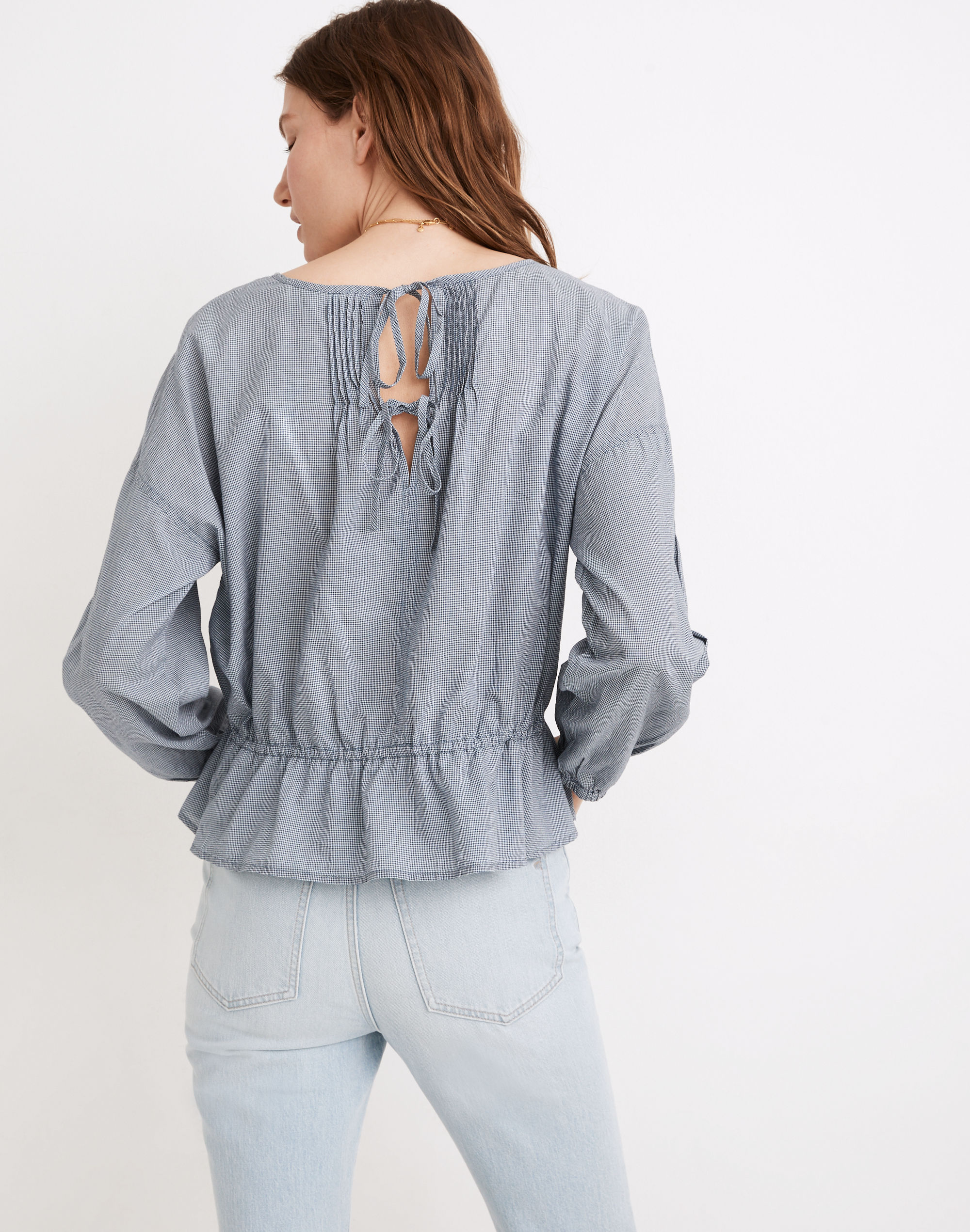 Indigo Gingham Drawstring Peplum Top