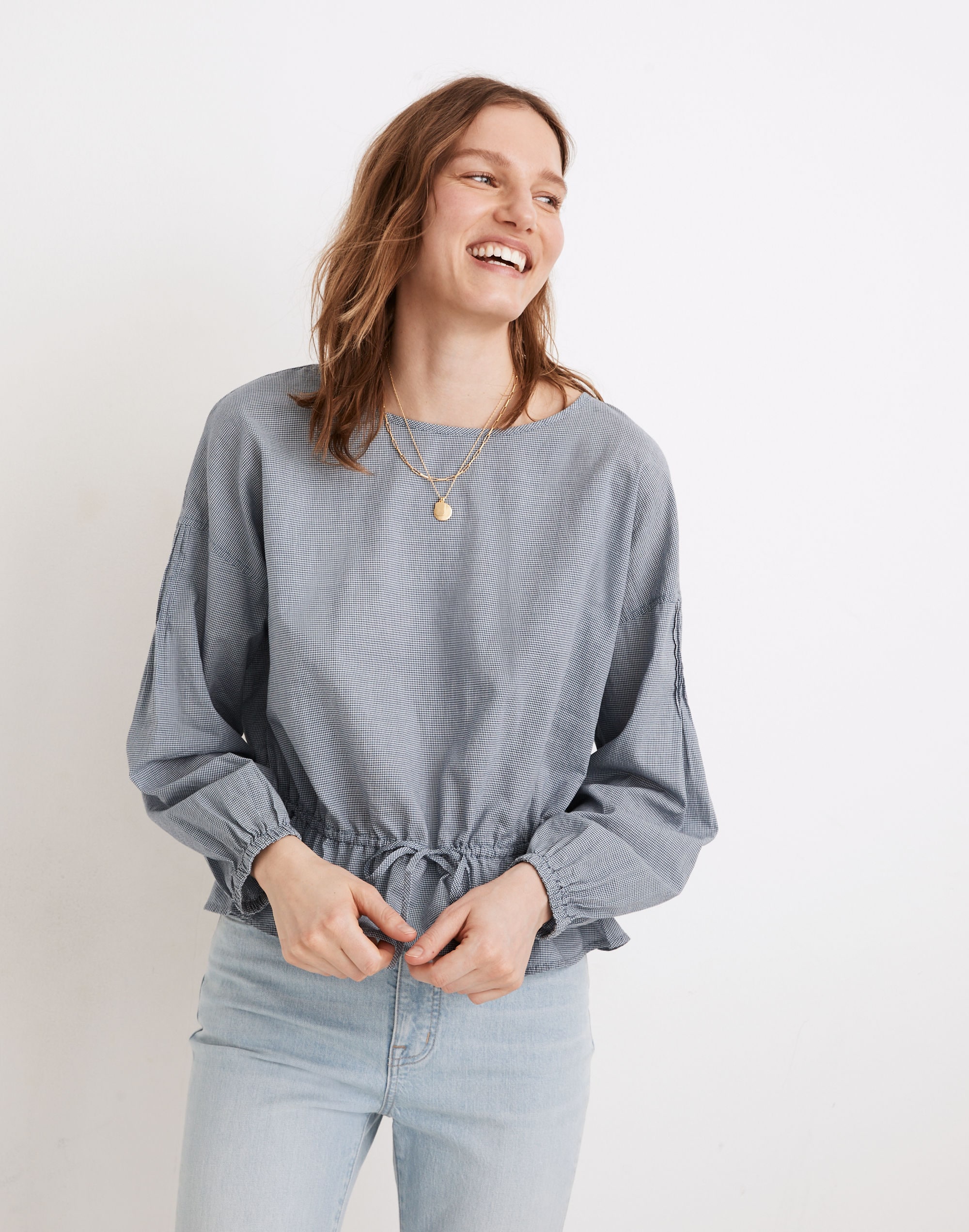 Indigo Gingham Drawstring Peplum Top