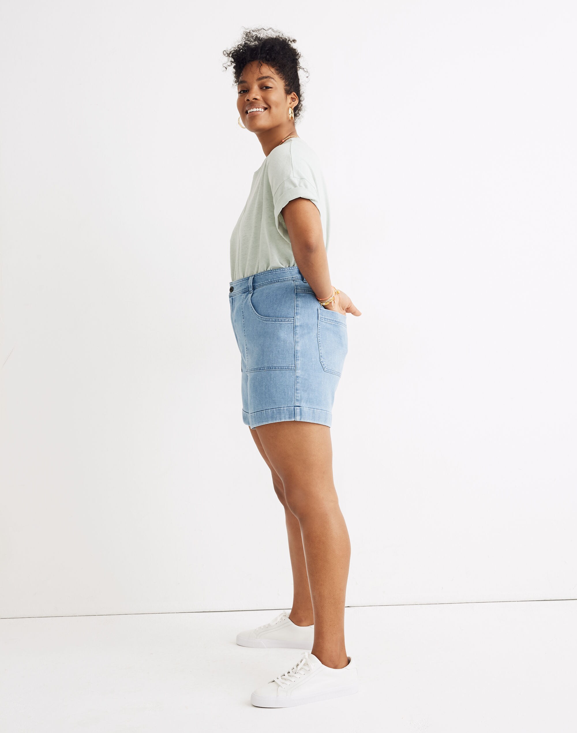 High-Rise Cuffed Denim Shorts in Light Indigo
