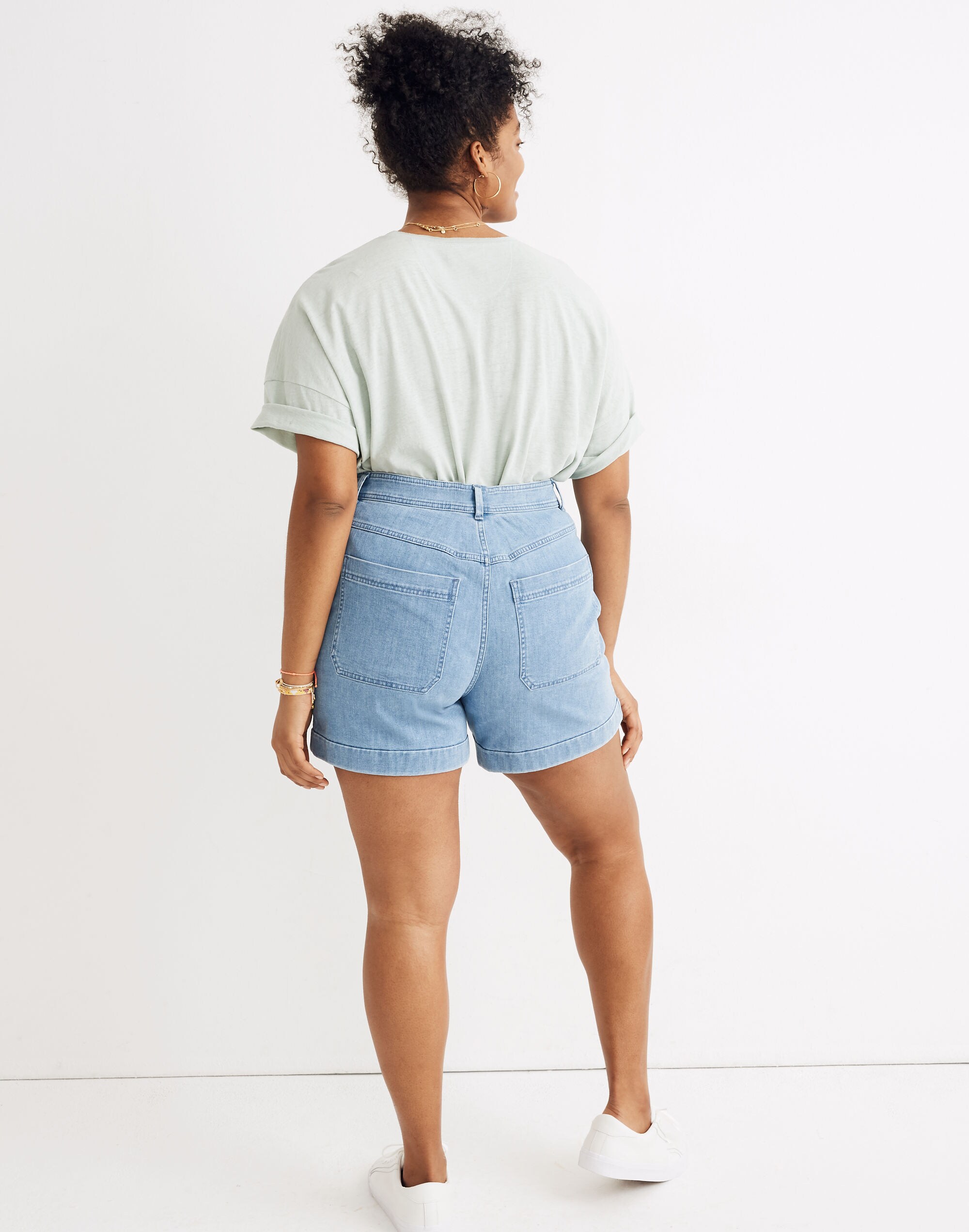 High-Rise Cuffed Denim Shorts in Light Indigo