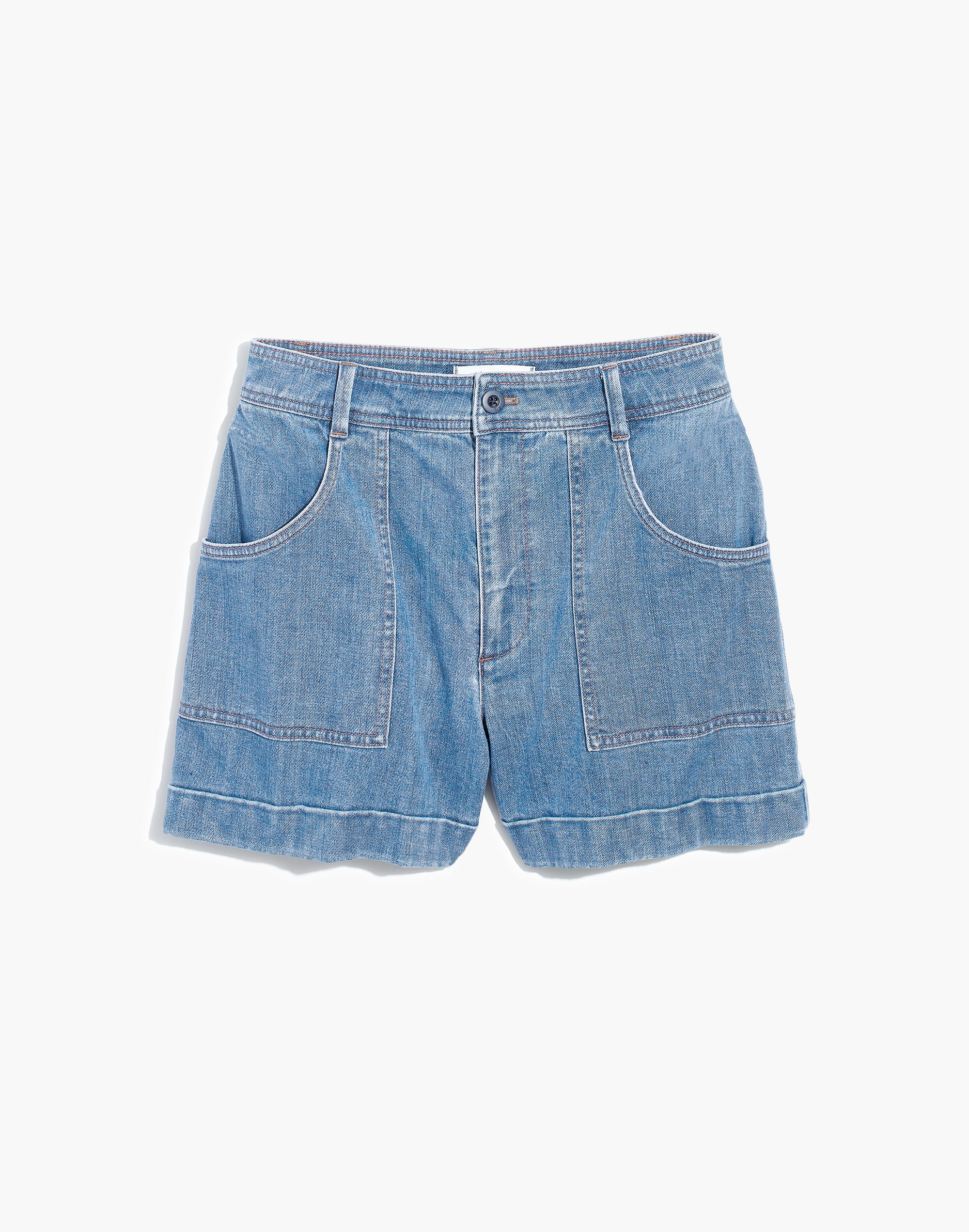 High-Rise Cuffed Denim Shorts in Light Indigo