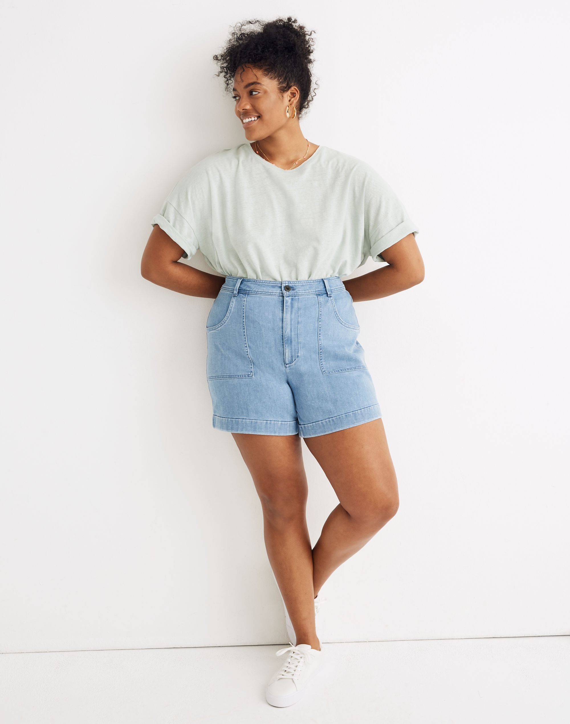 HighRise Cuffed Denim Shorts in Light Indigo