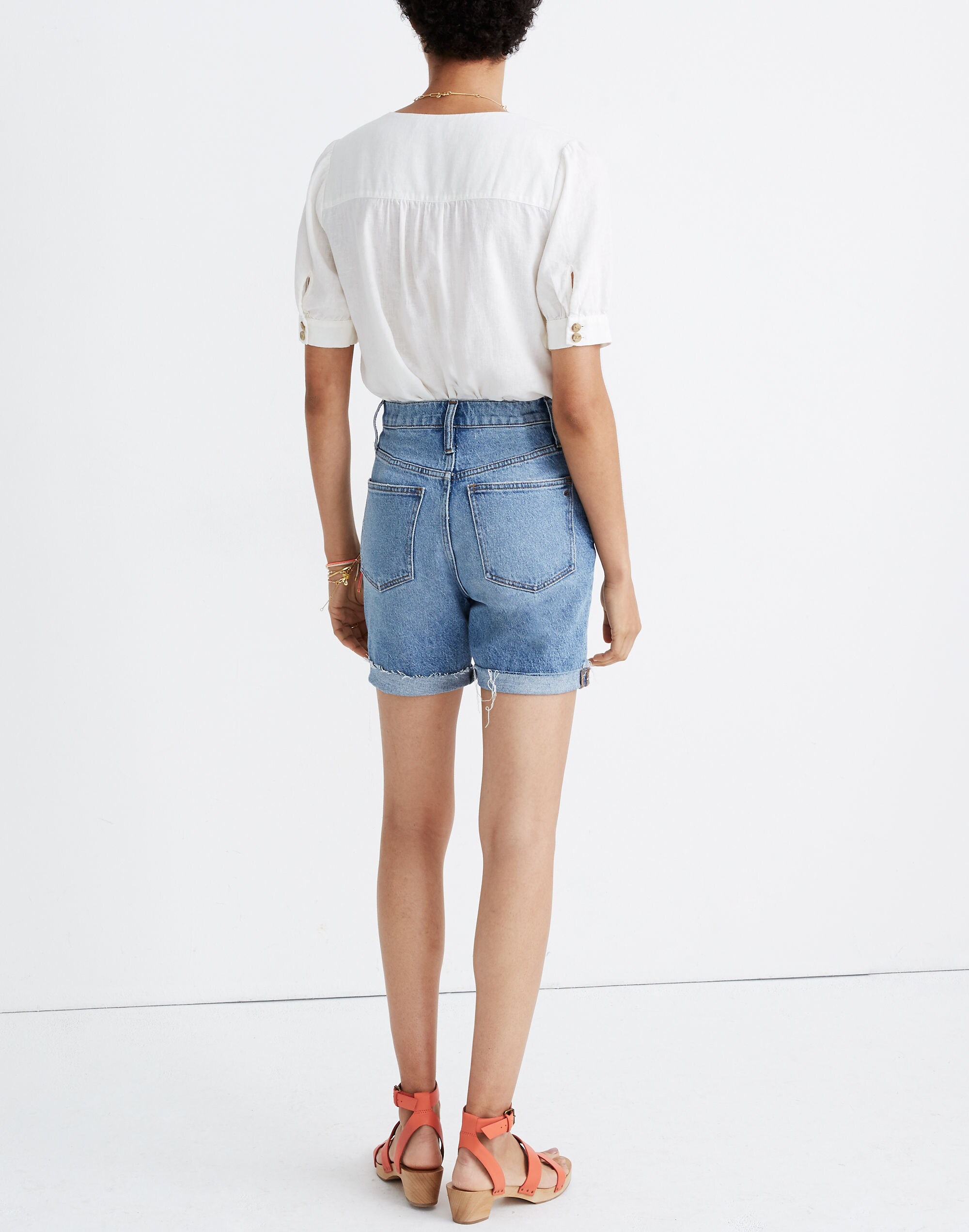 High-Rise Mid-Length Denim Shorts in Lawndale Wash: TENCEL&trade; Lyocell Edition