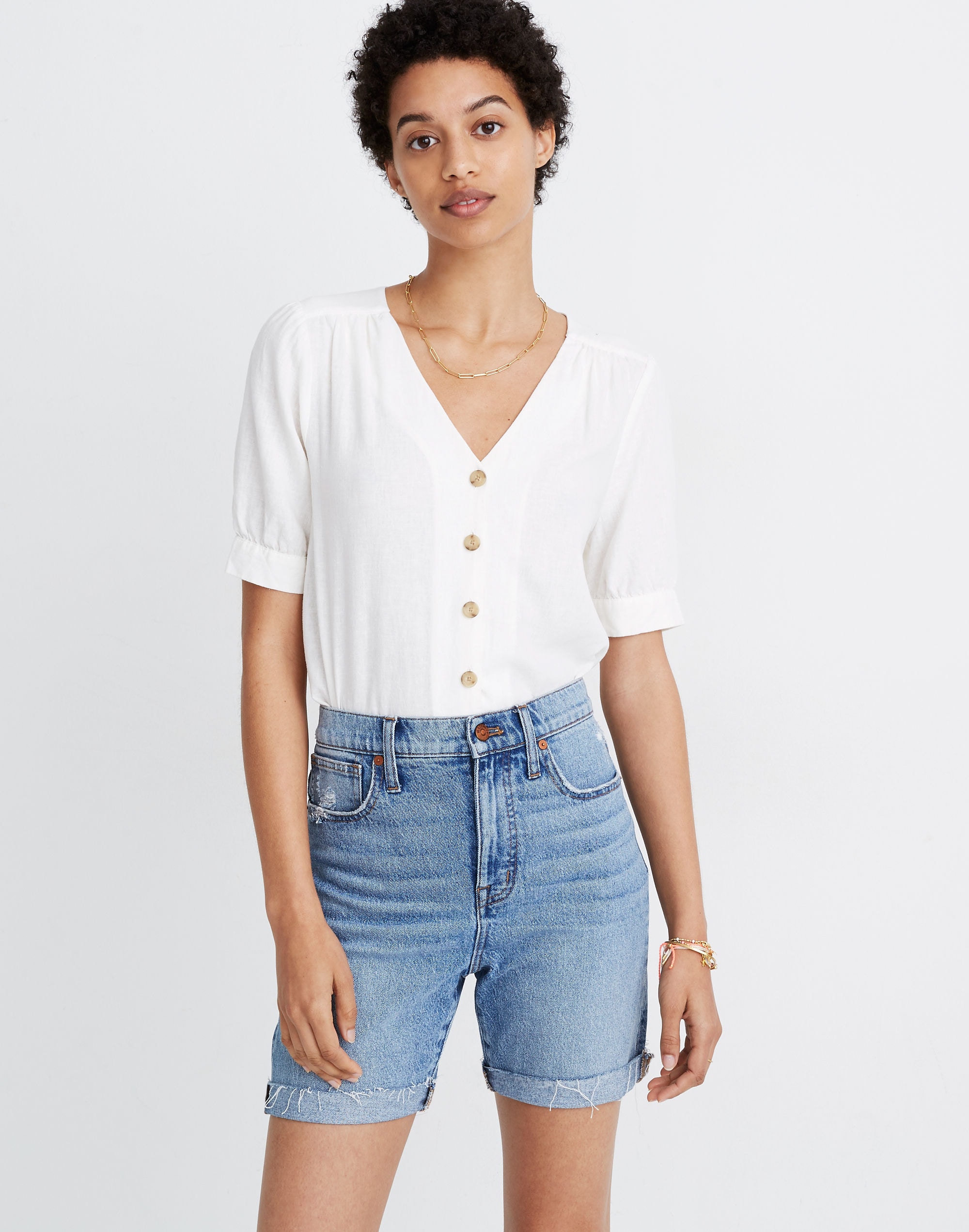 High-Rise Mid-Length Denim Shorts in Lawndale Wash: TENCEL&trade; Lyocell Edition