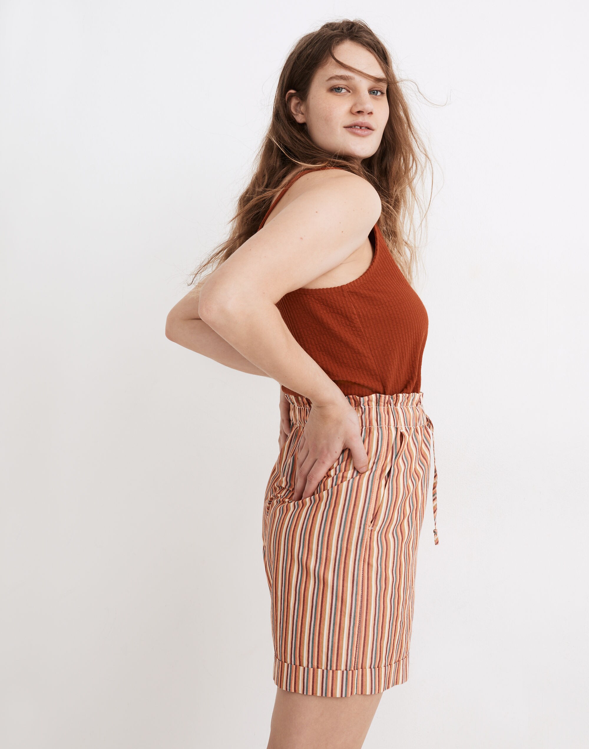 Drawstring Pull-On Mid-Length Shorts in Rainbow Stripe