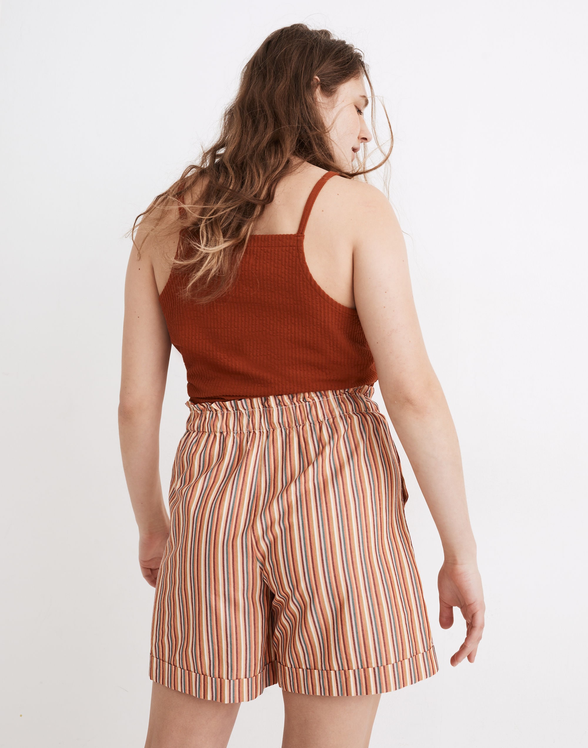 Drawstring Pull-On Mid-Length Shorts in Rainbow Stripe