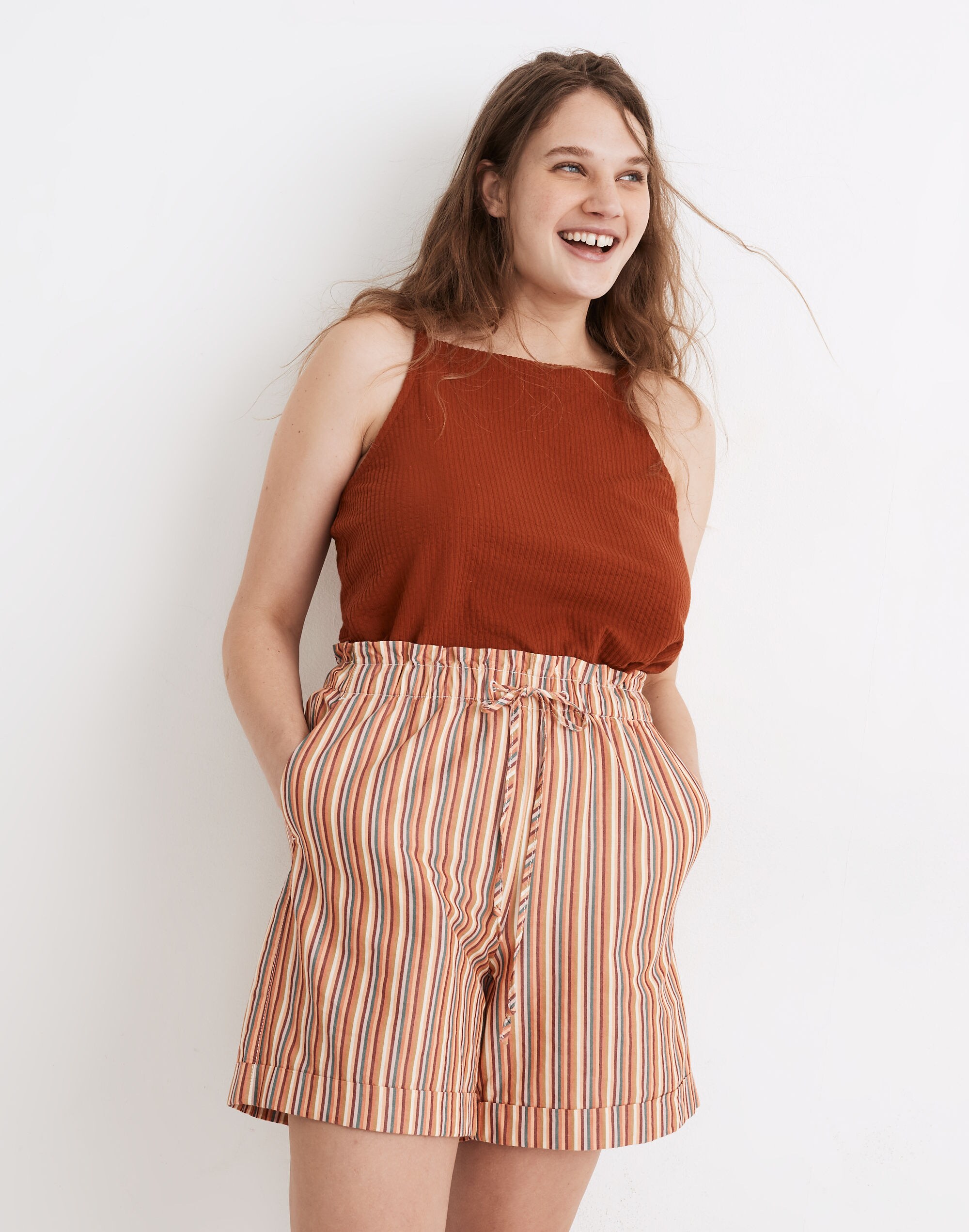 Drawstring Pull-On Mid-Length Shorts in Rainbow Stripe