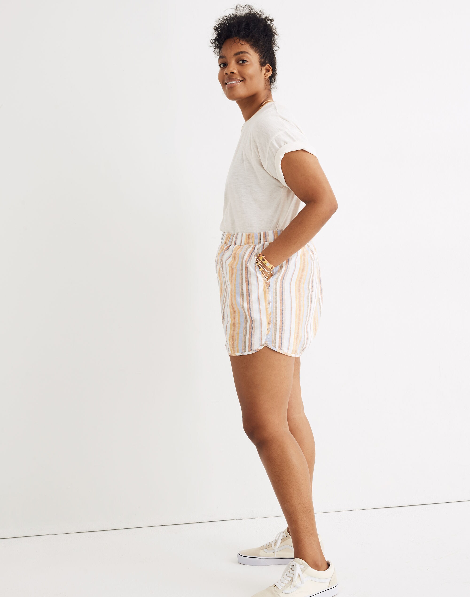 Linen-Cotton Pull-On Shorts in Rainbow Stripe