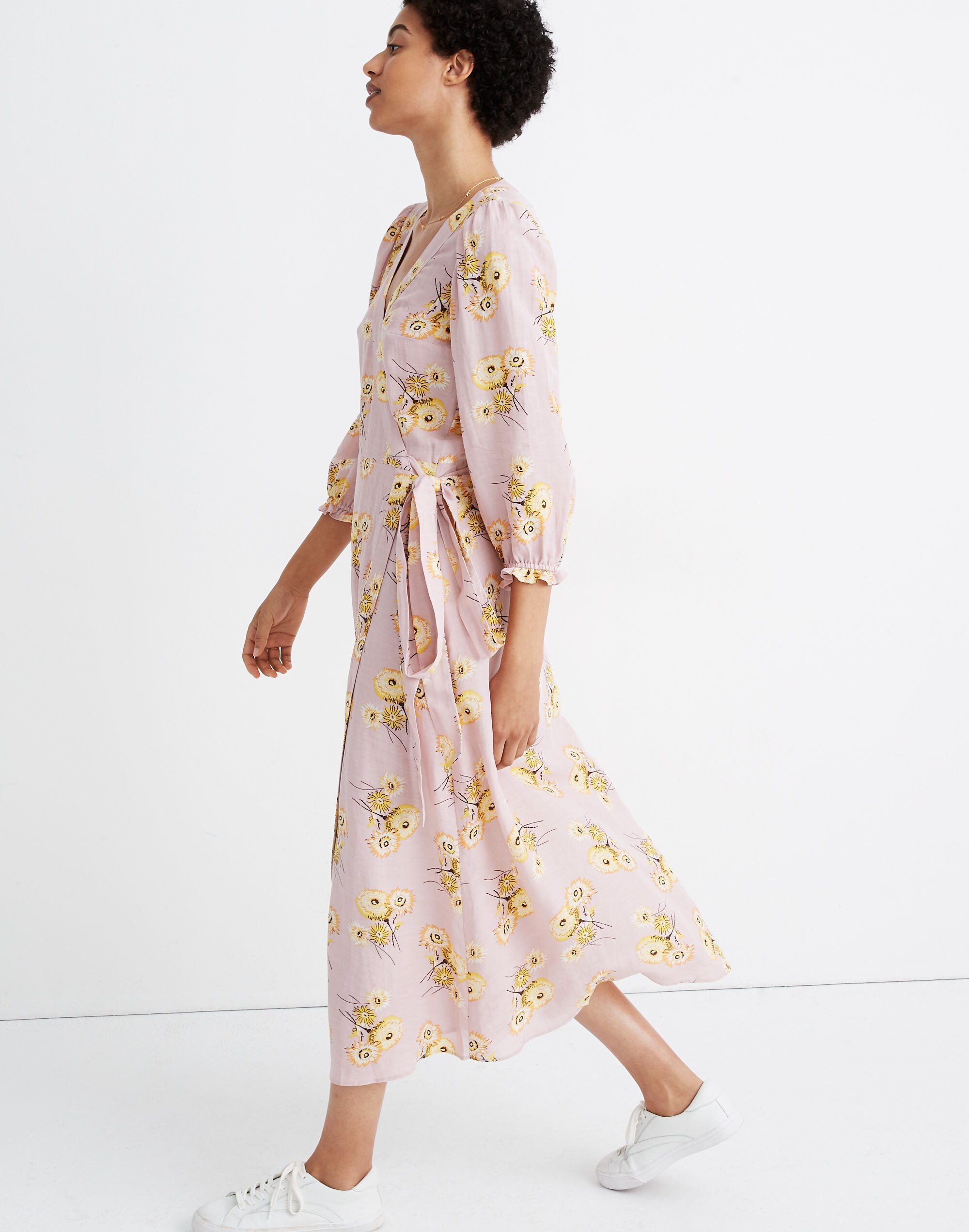 Linen-Blend Ruffle-Cuff Wrap Dress in Dutch Dandelions