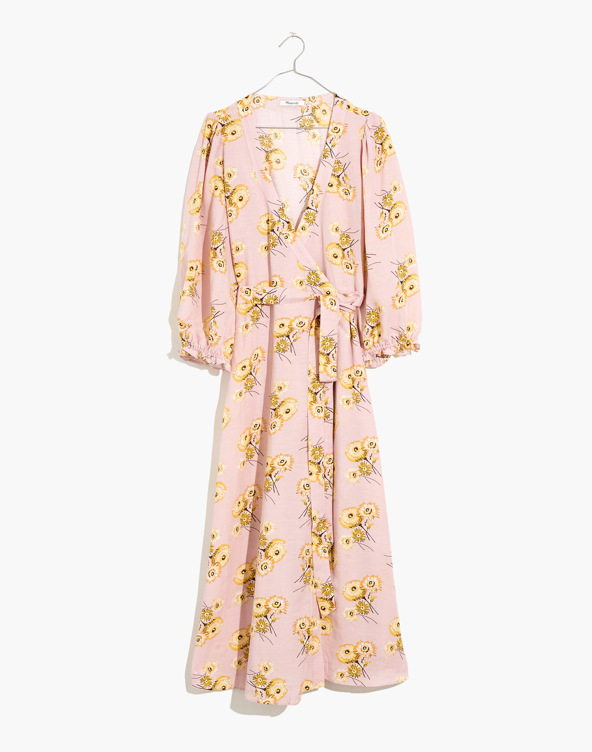 Linen-Blend Ruffle-Cuff Wrap Dress in Dutch Dandelions