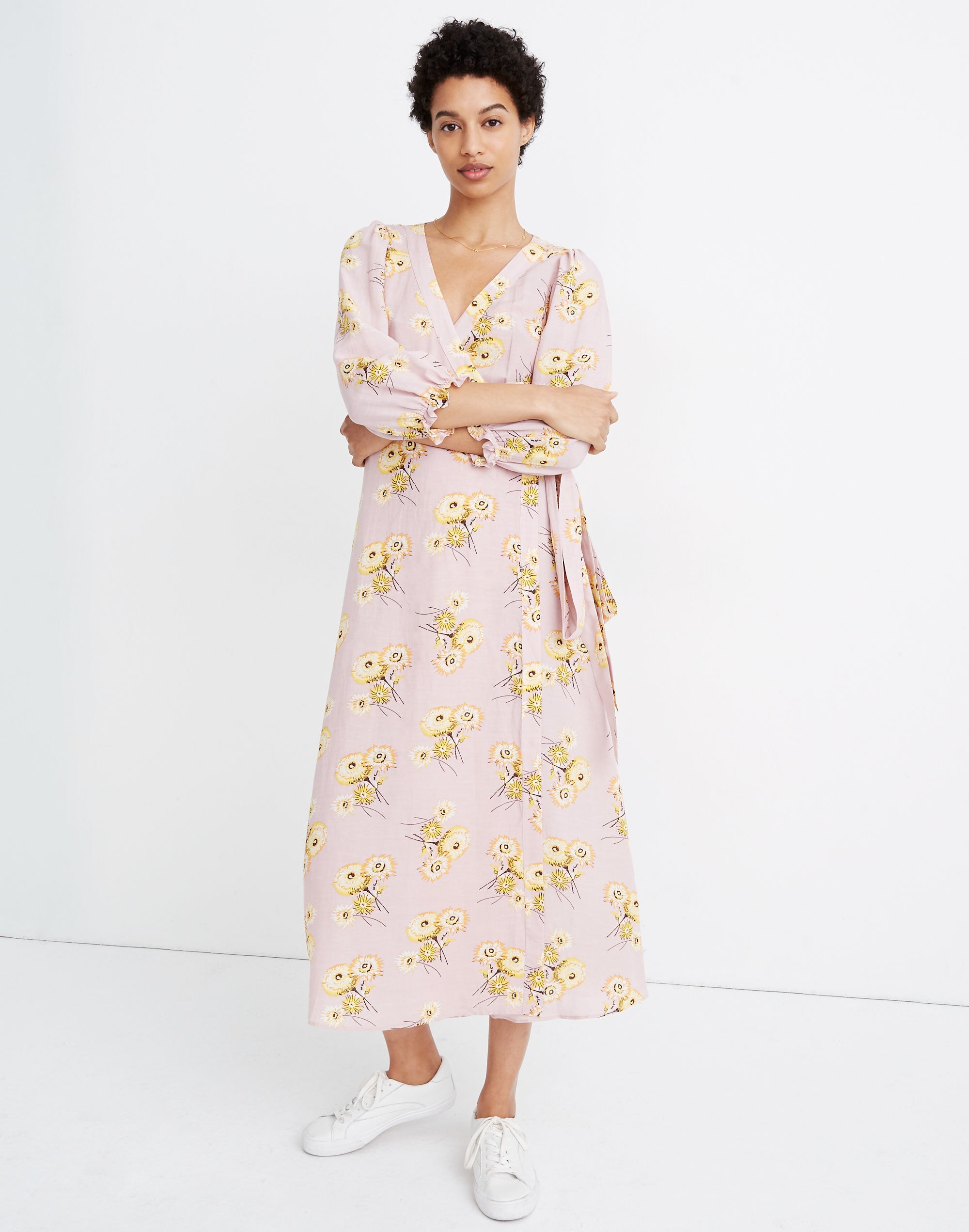 linen-blend ruffle-cuff wrap dress in dutch dandelions