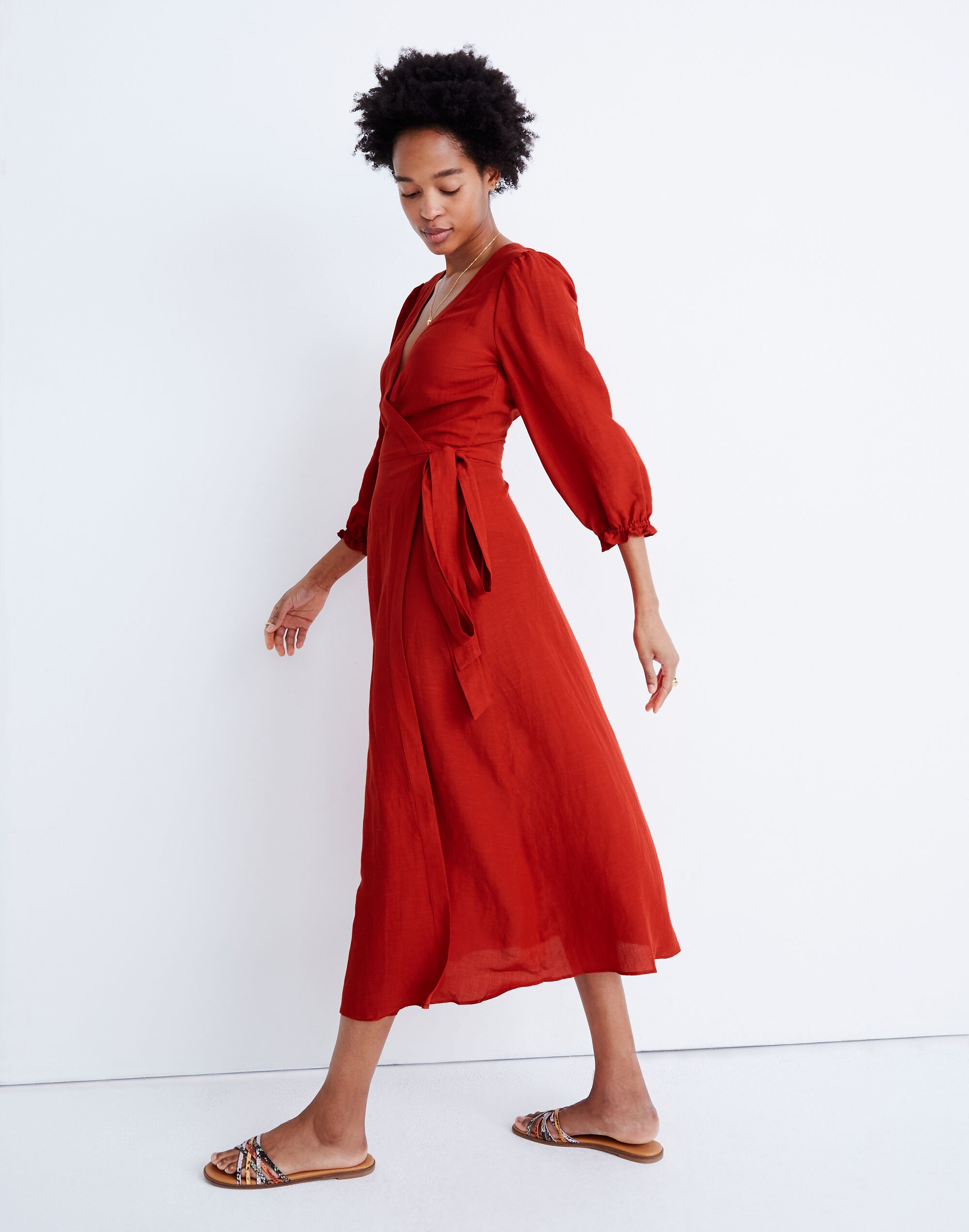 Petite Linen-Blend Ruffle-Cuff Wrap Dress