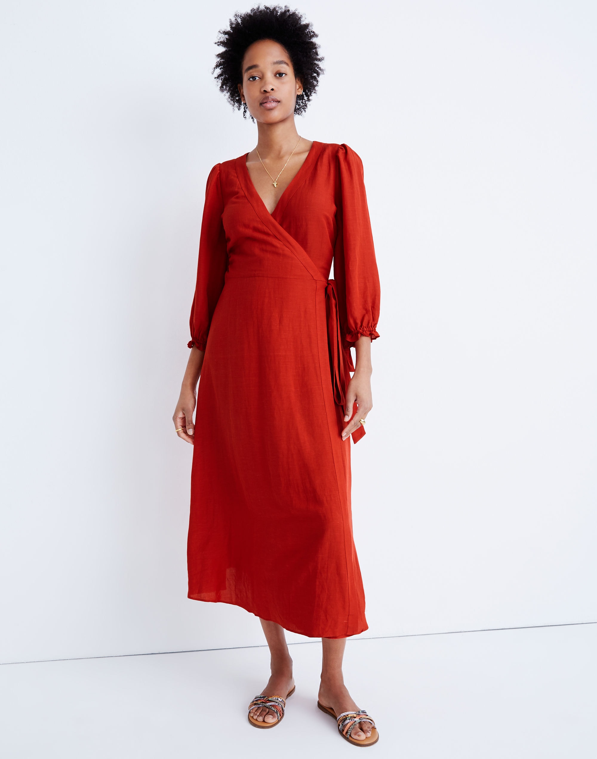 Petite Linen-Blend Ruffle-Cuff Wrap Dress