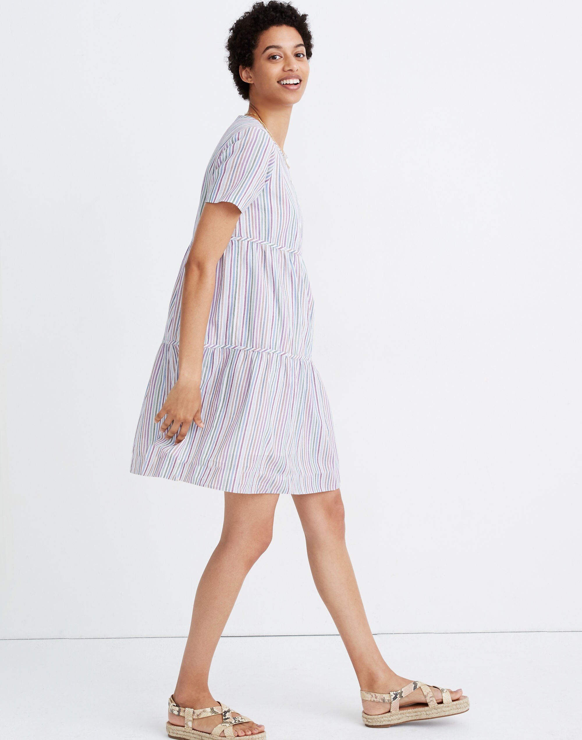 Striped Crewneck Button-Front Tiered Mini Dress | Madewell
