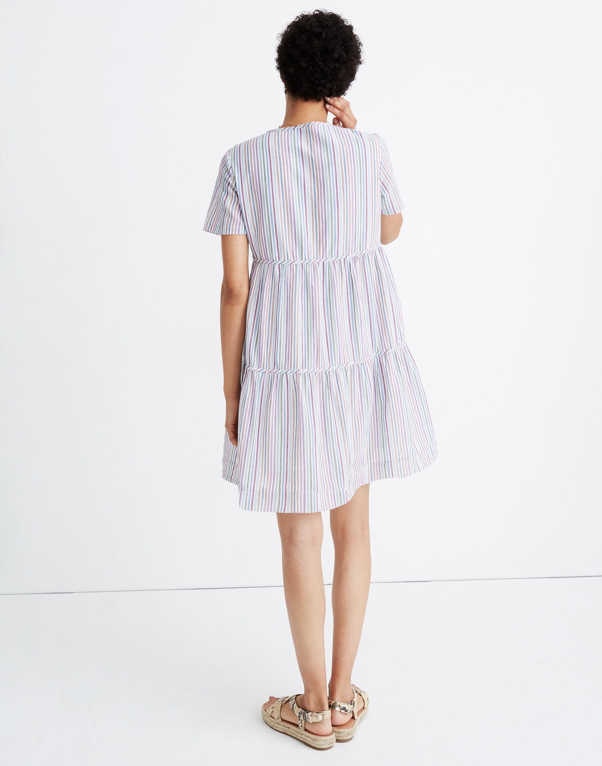 Striped Crewneck Button-Front Tiered Mini Dress