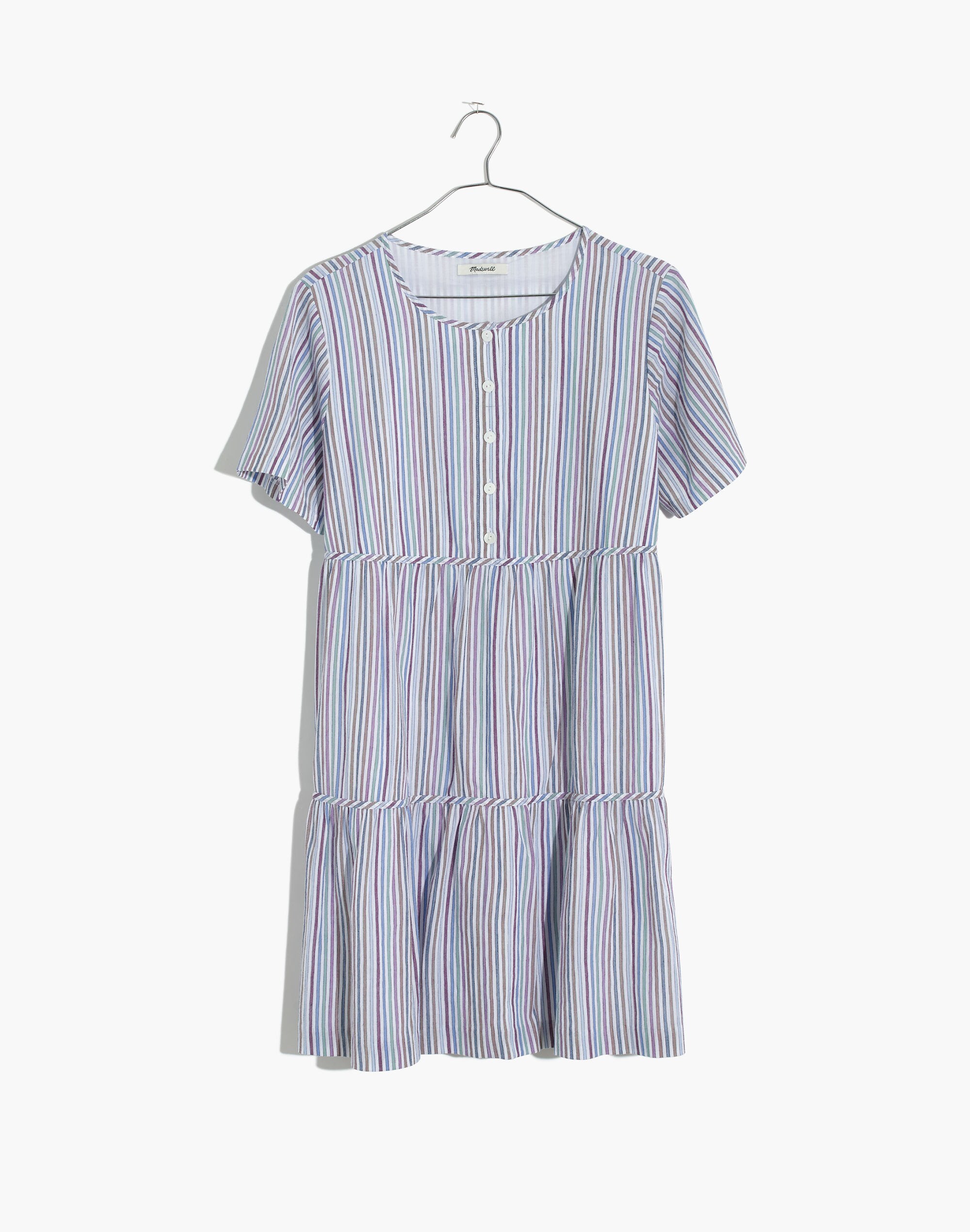 Striped Crewneck Button-Front Tiered Mini Dress