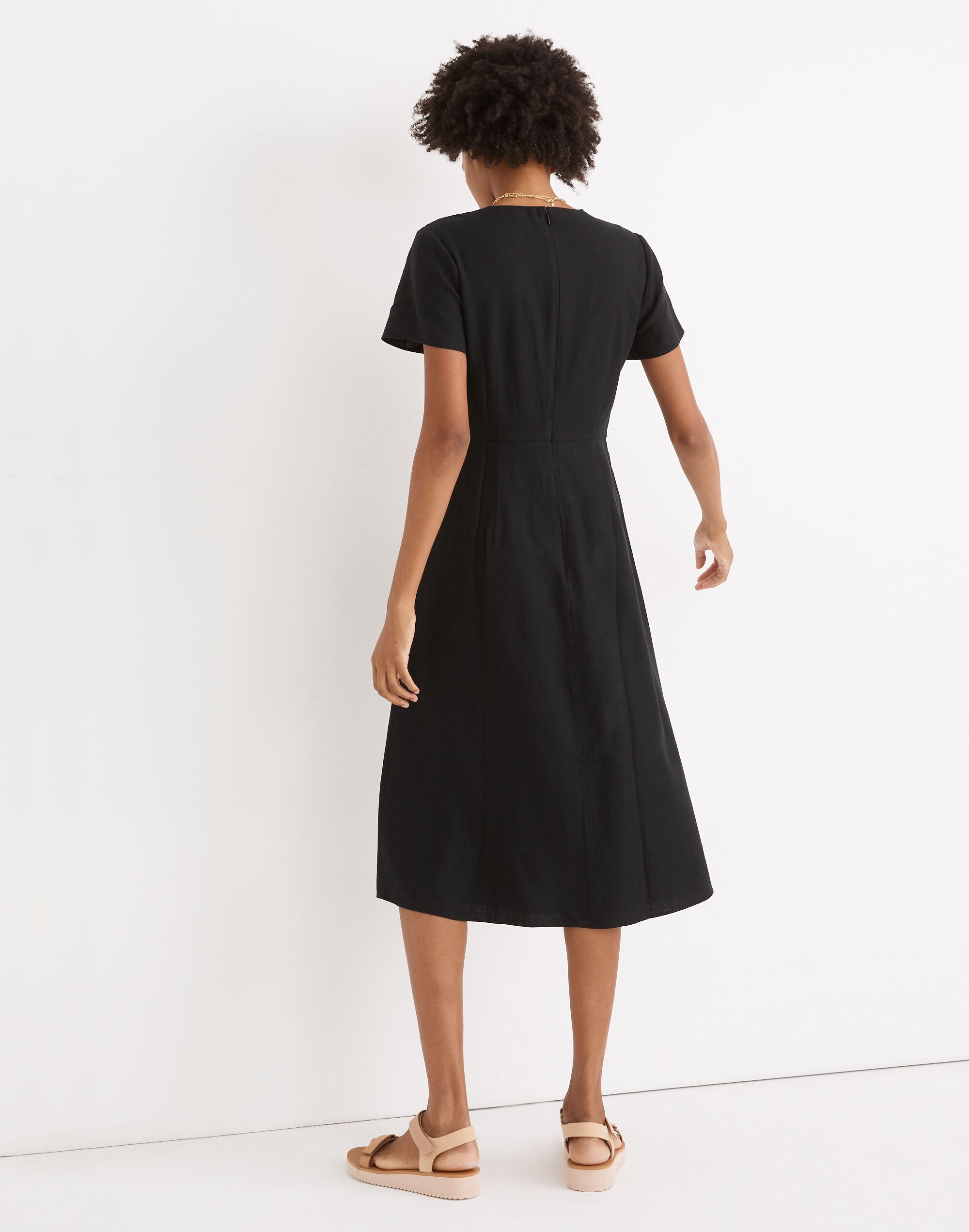 Linen-Blend Button-Wrap Midi Dress