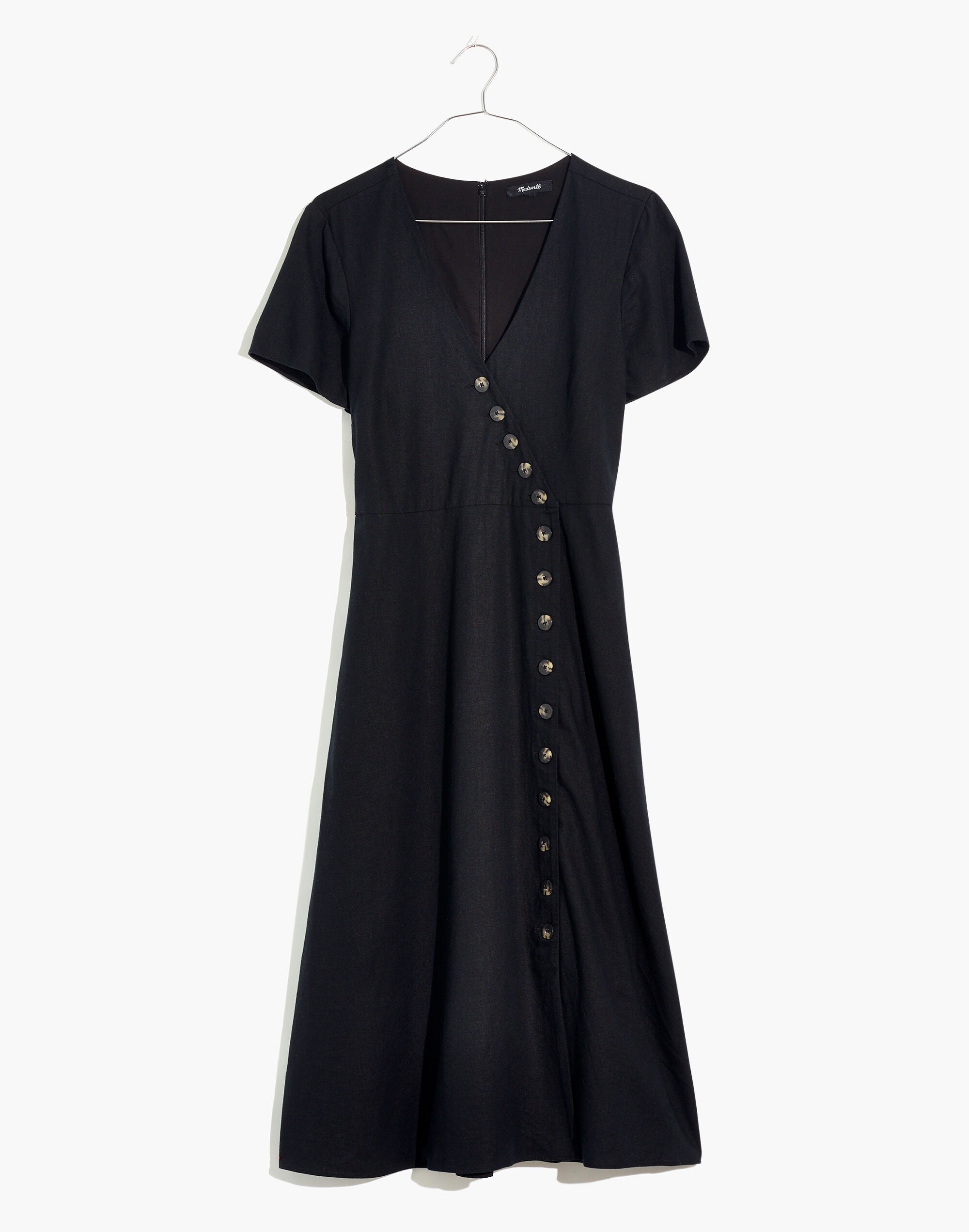 Linen-Blend Button-Wrap Midi Dress