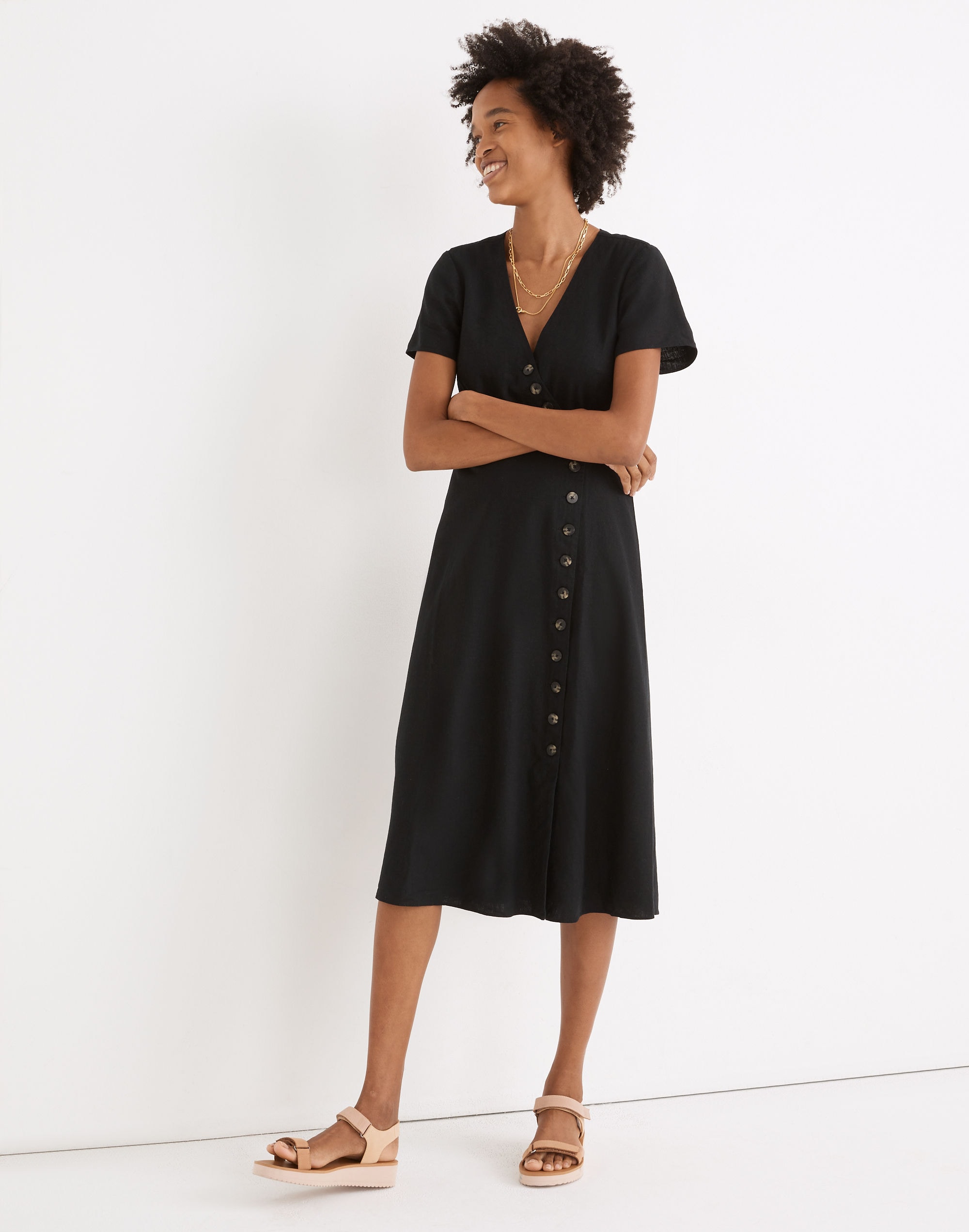 Linen-Blend Button-Wrap Midi Dress