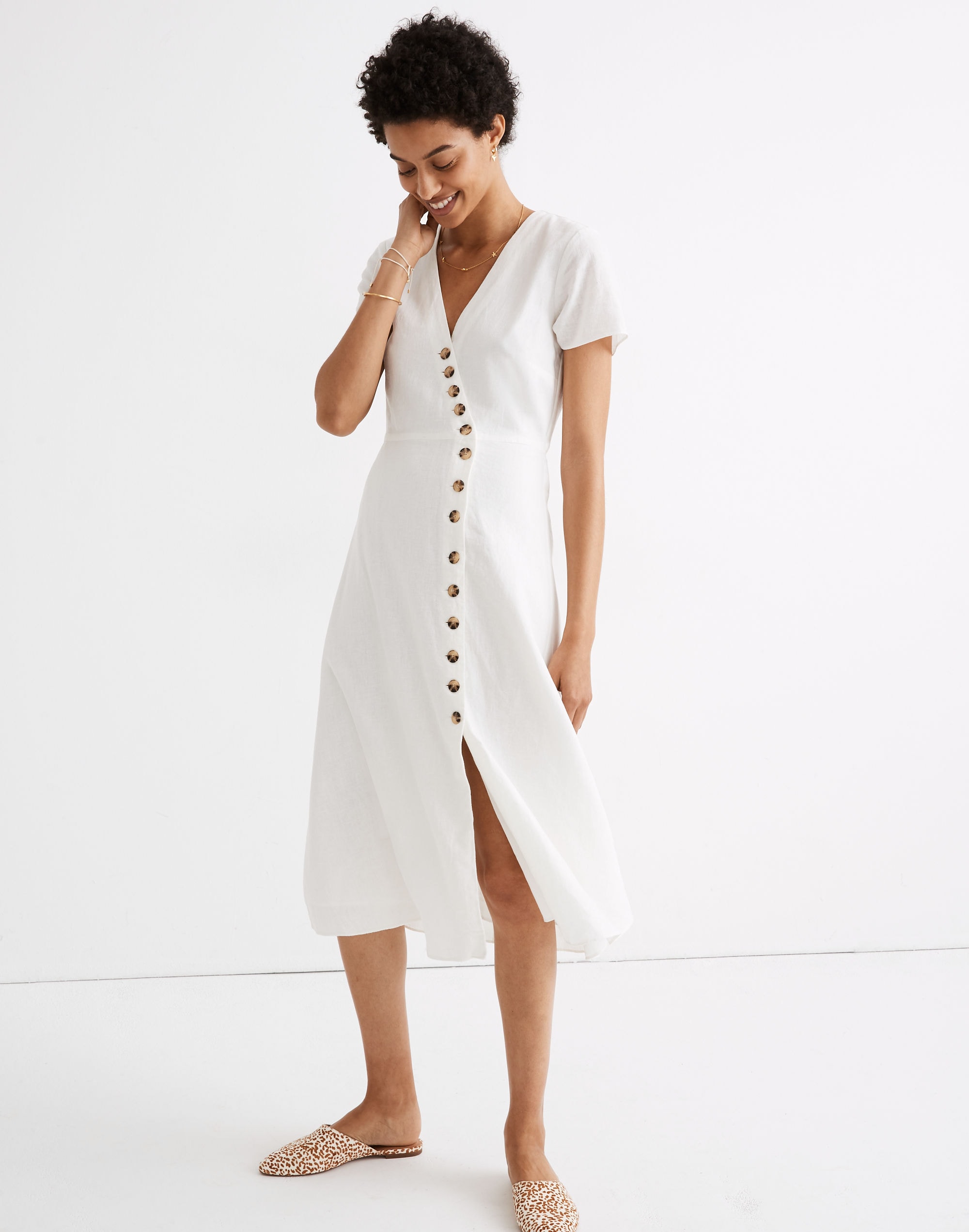 Petite Linen-Blend Button-Wrap Midi Dress