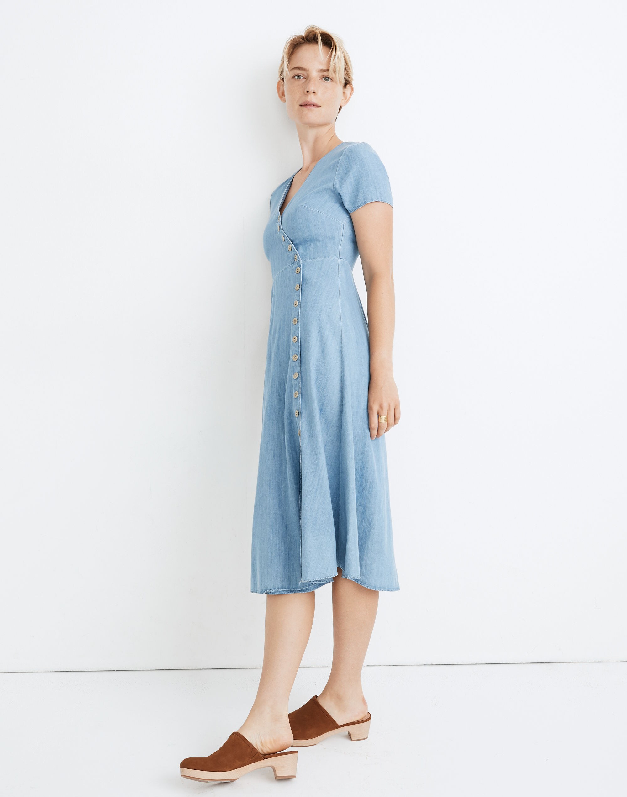 Indigo Button-Wrap Midi Dress