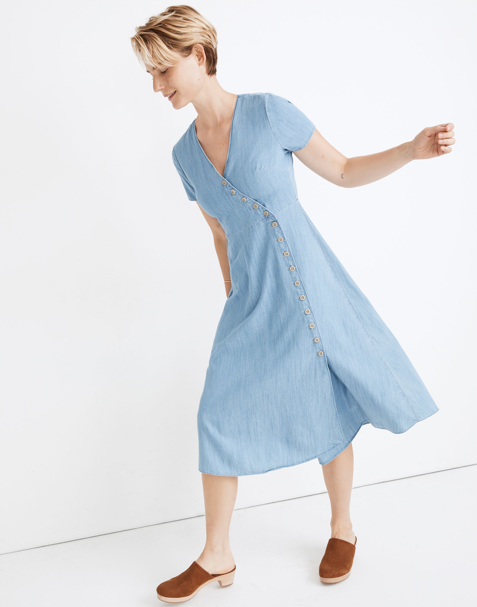 indigo button-wrap midi dress