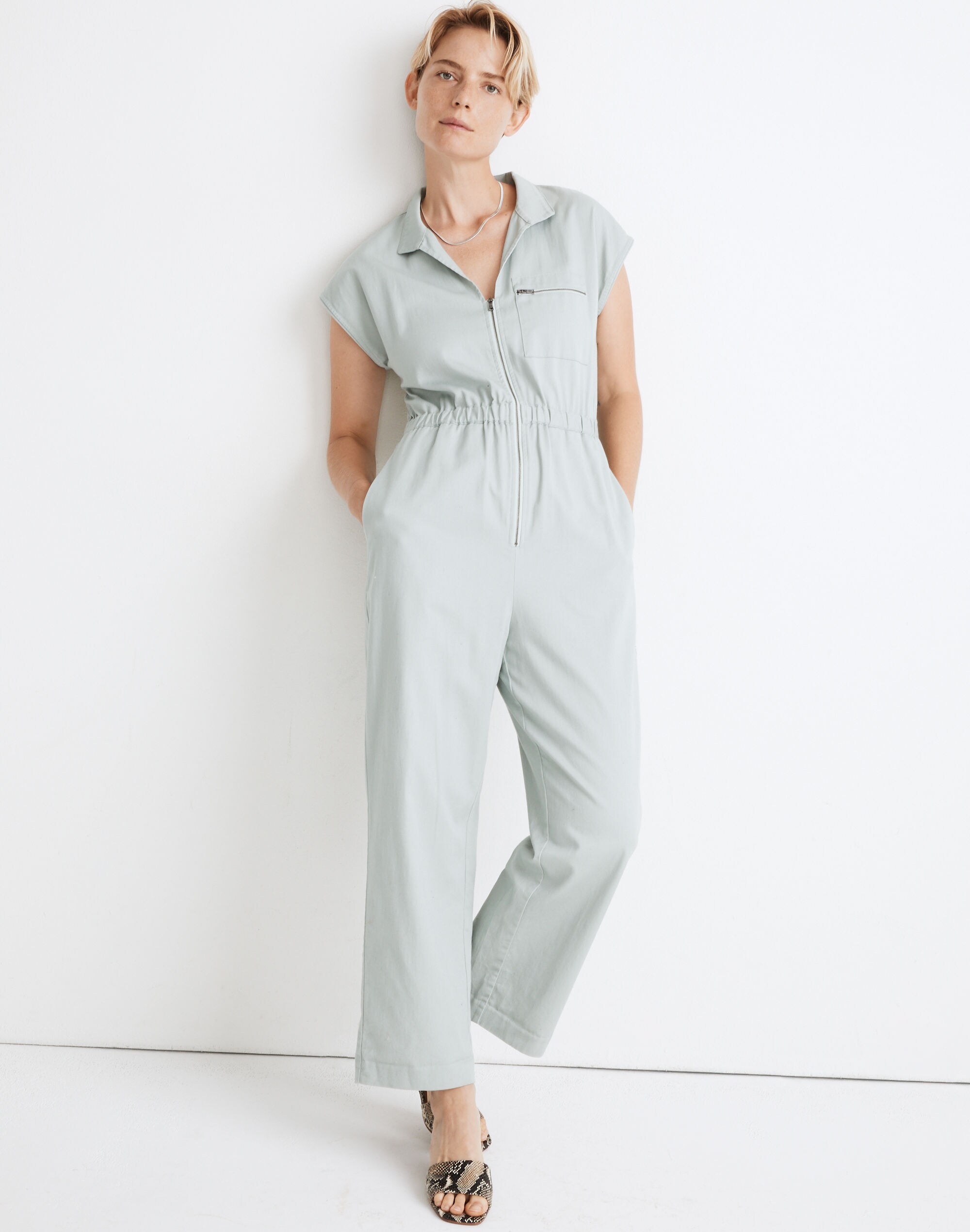 Petite Short-Sleeve Zip-Pocket Coverall Jumpsuit