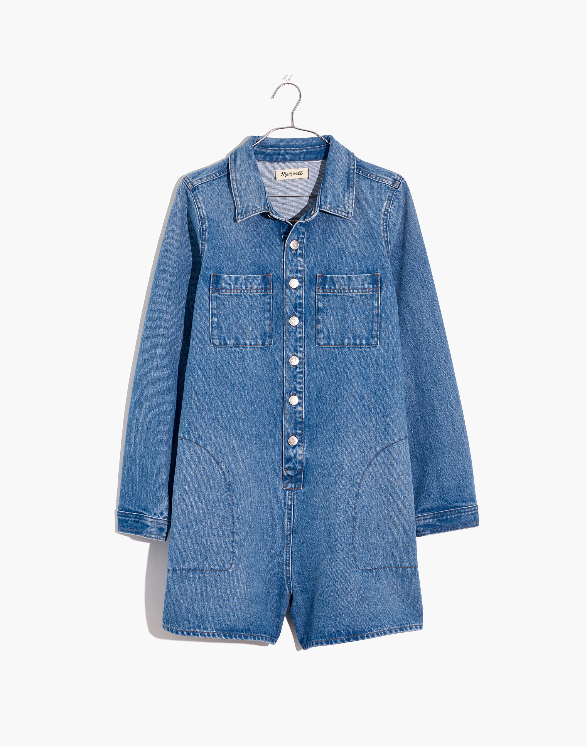 Denim Long-Sleeve Romper in Burnham Wash