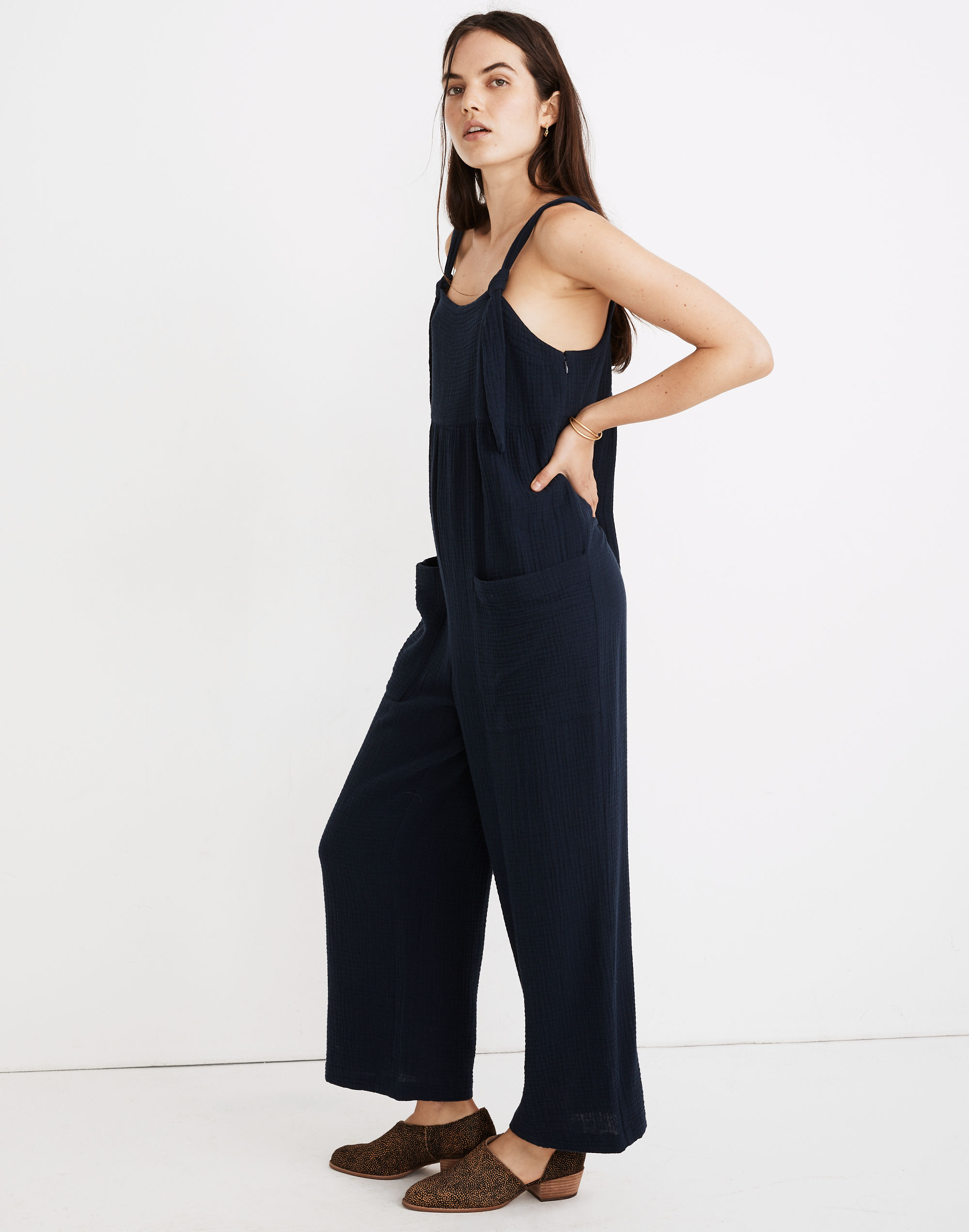 Gauze Tie-Strap Patch-Pocket Overalls