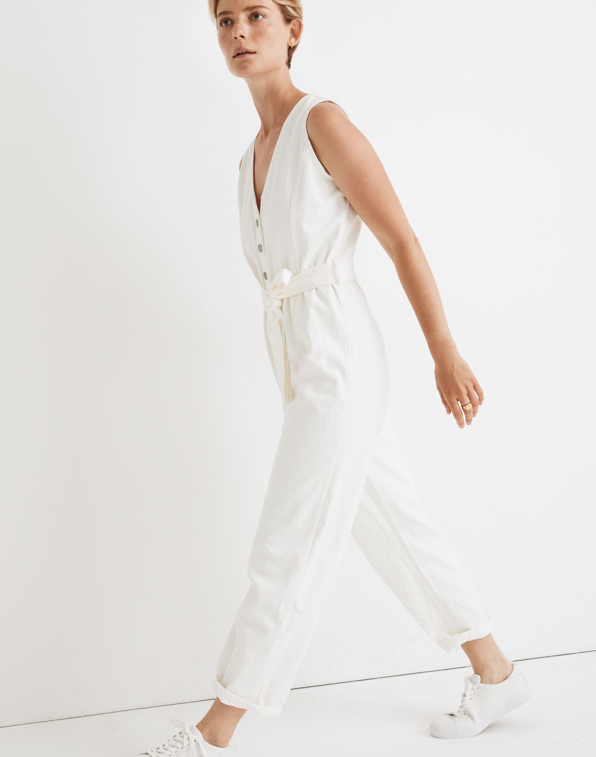 Denim Sleeveless Tie-Waist Jumpsuit in Tile White