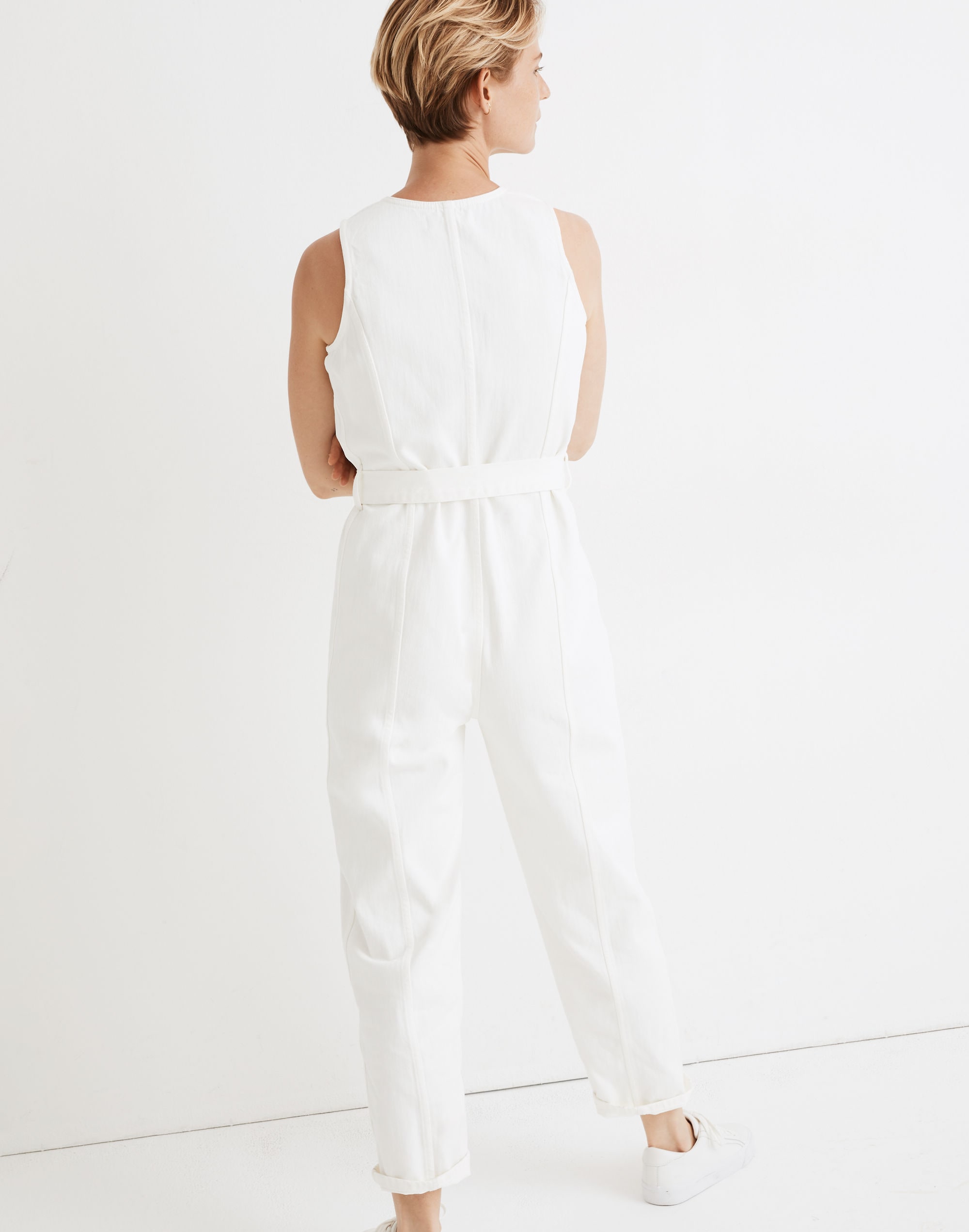 Denim Sleeveless Tie-Waist Jumpsuit in Tile White