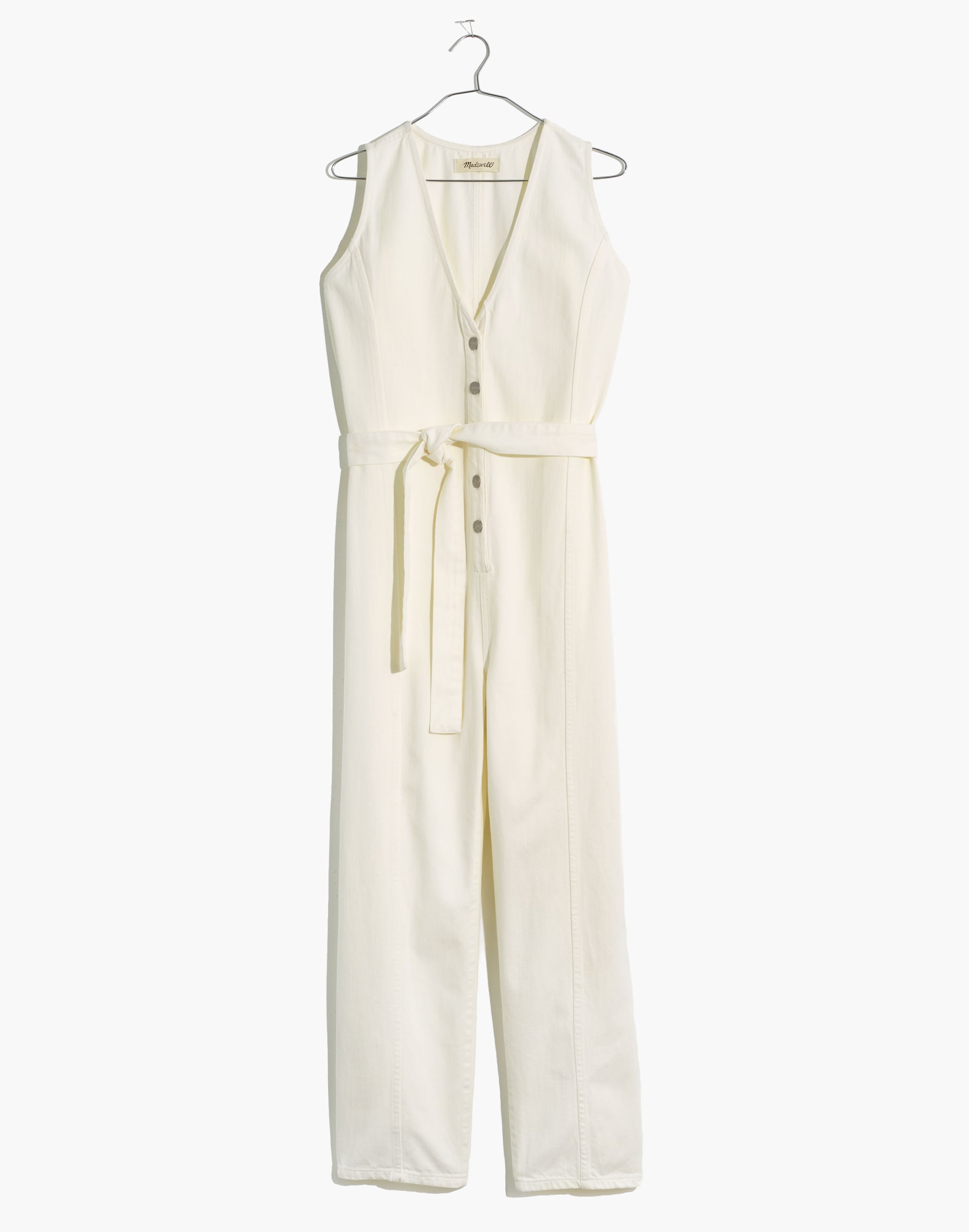 Denim Sleeveless Tie-Waist Jumpsuit in Tile White