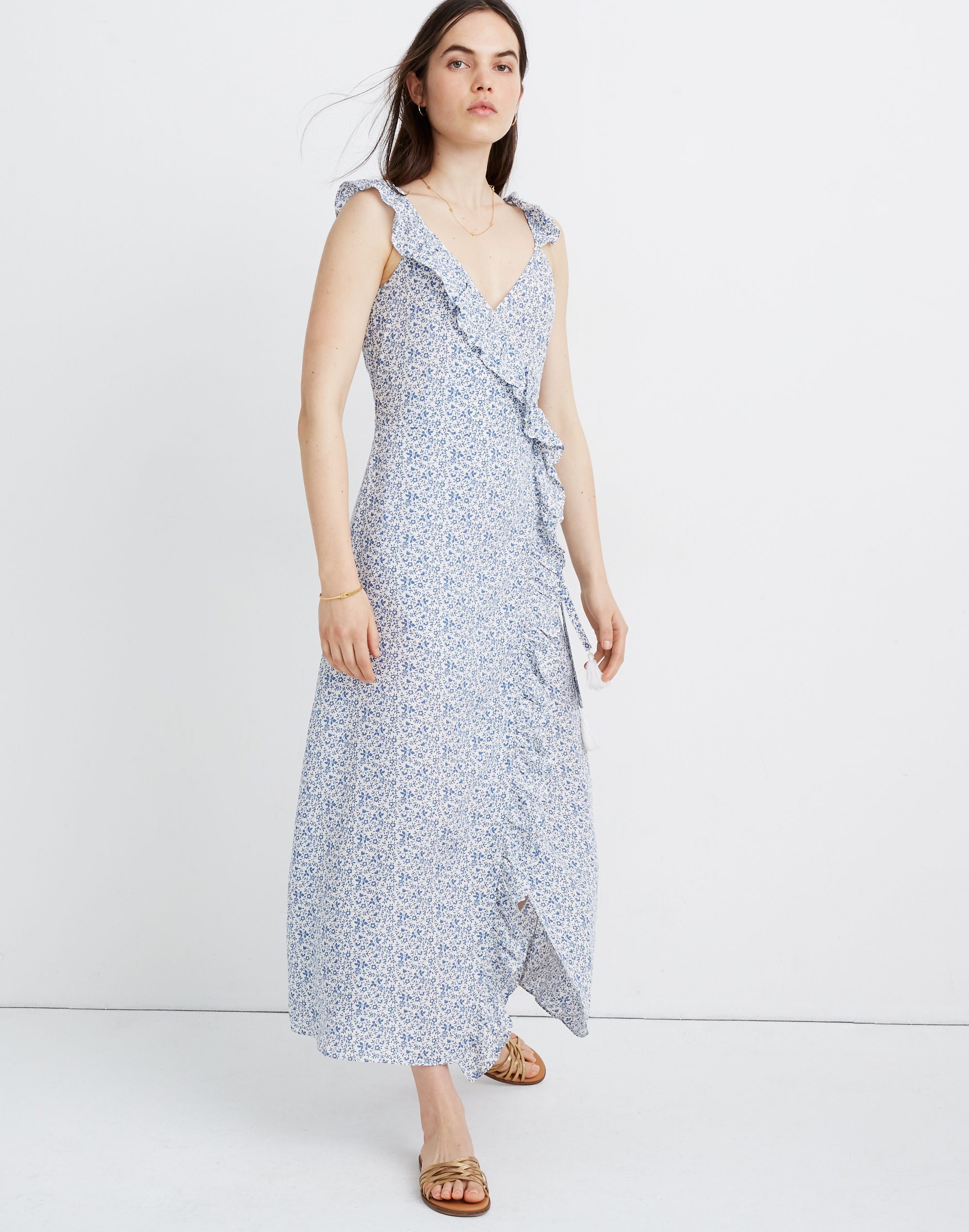 ruffled wrap maxi dress in americana floral