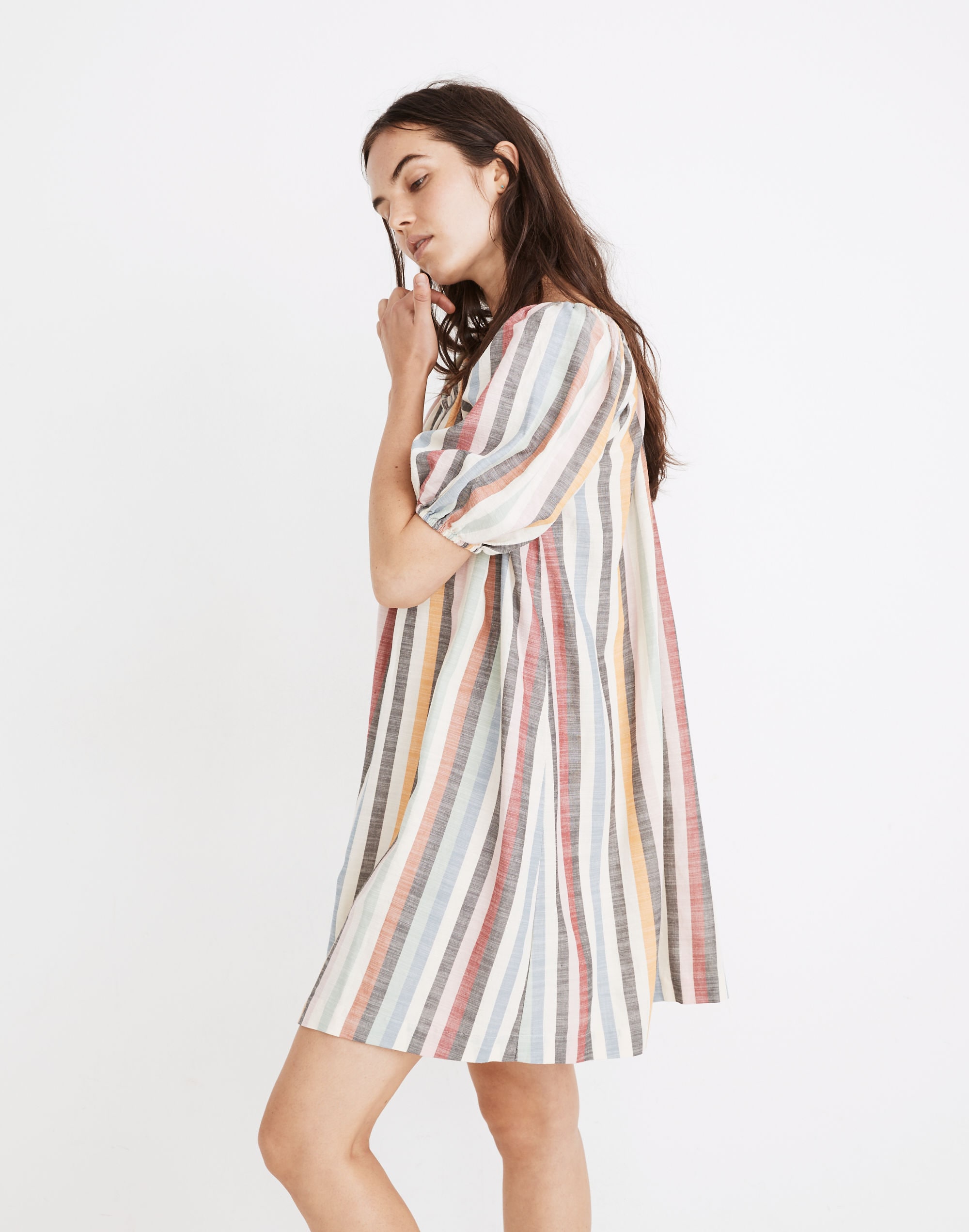Petite Puff-Sleeve Trapeze Mini Dress in Rainbow Stripe