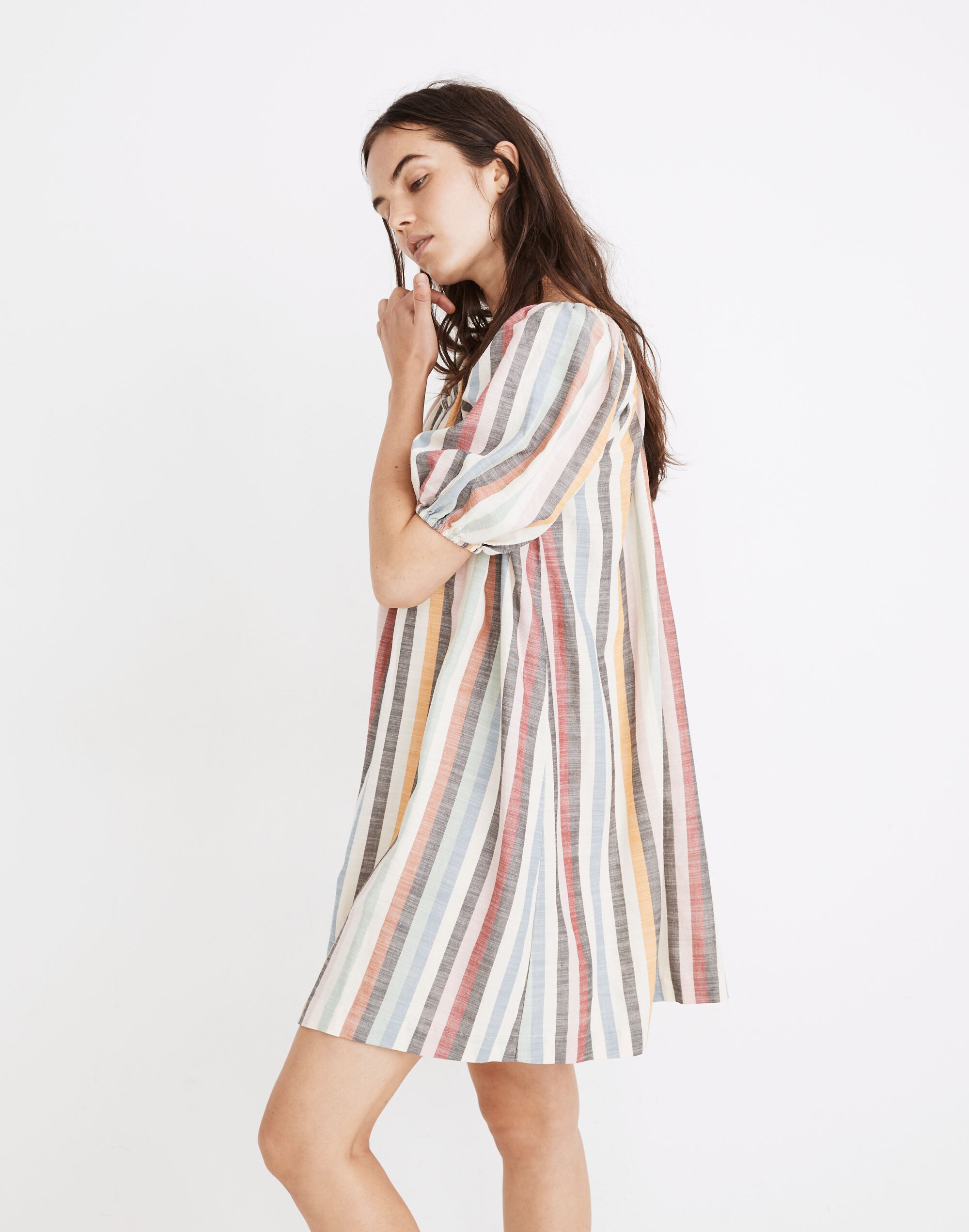 Puff-Sleeve Trapeze Mini Dress in Rainbow Stripe
