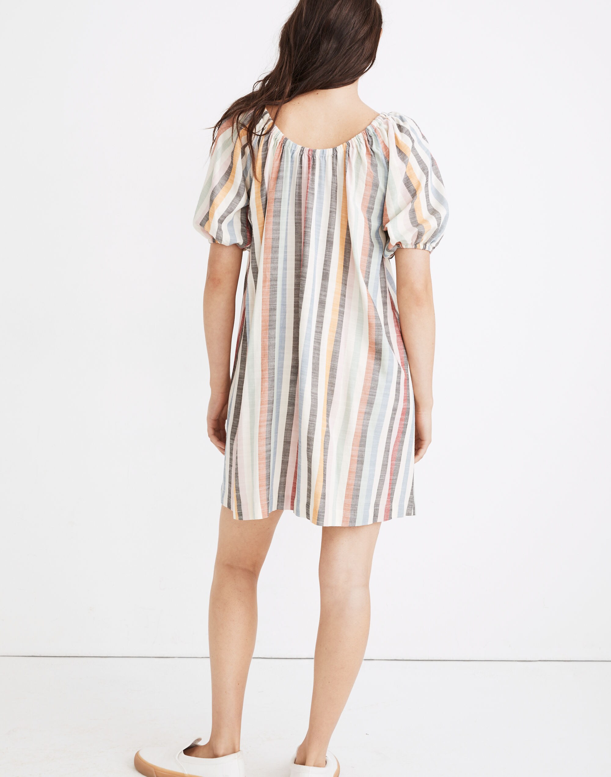 Petite Puff-Sleeve Trapeze Mini Dress in Rainbow Stripe