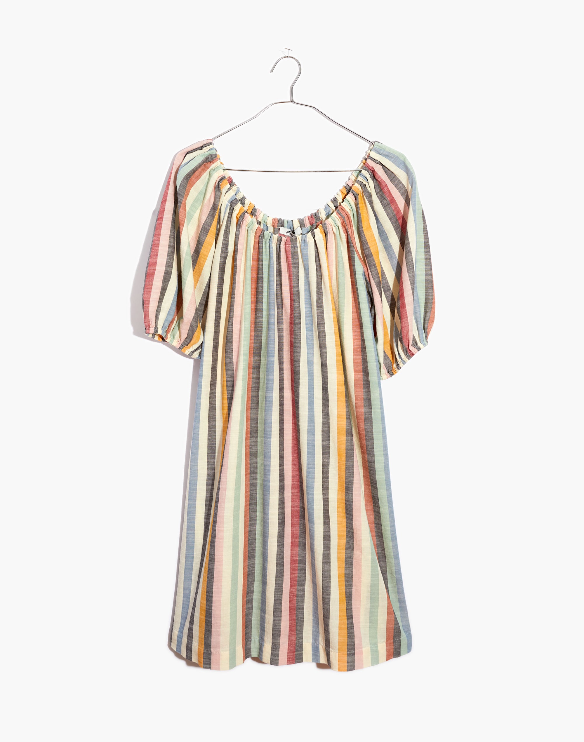 Petite Puff-Sleeve Trapeze Mini Dress in Rainbow Stripe