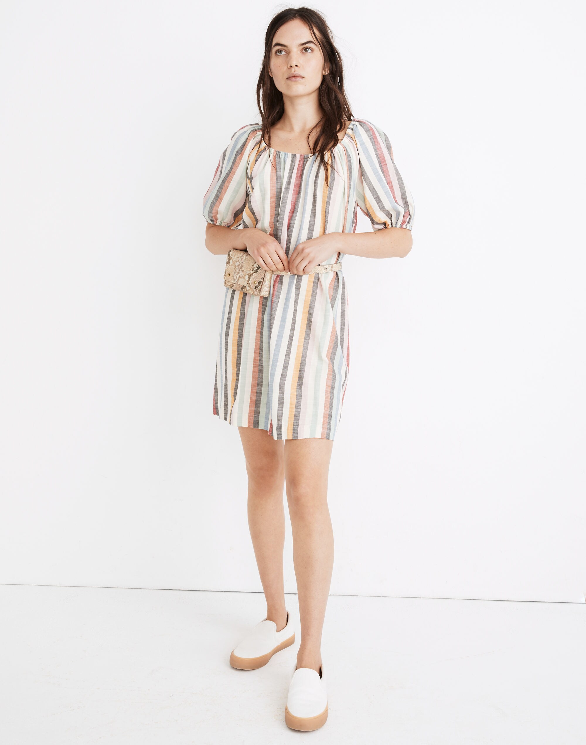 Petite Puff-Sleeve Trapeze Mini Dress in Rainbow Stripe