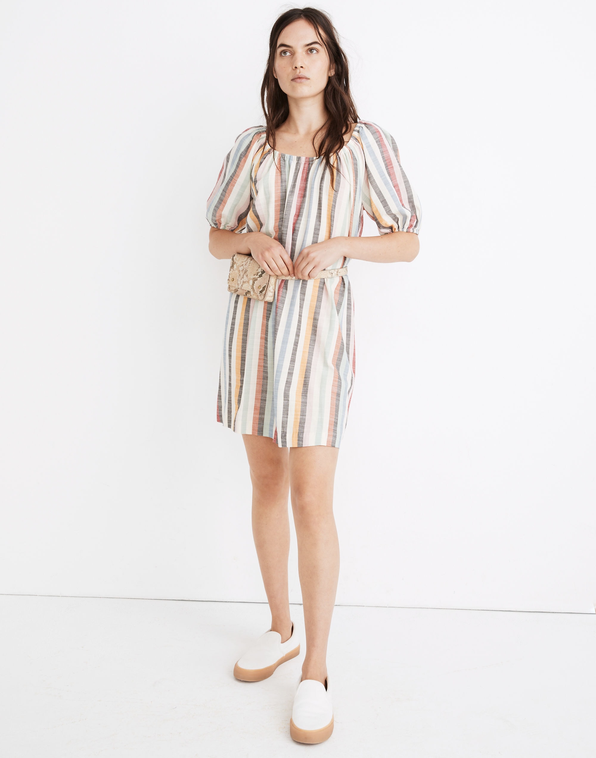 puff-sleeve trapeze mini dress in rainbow stripe