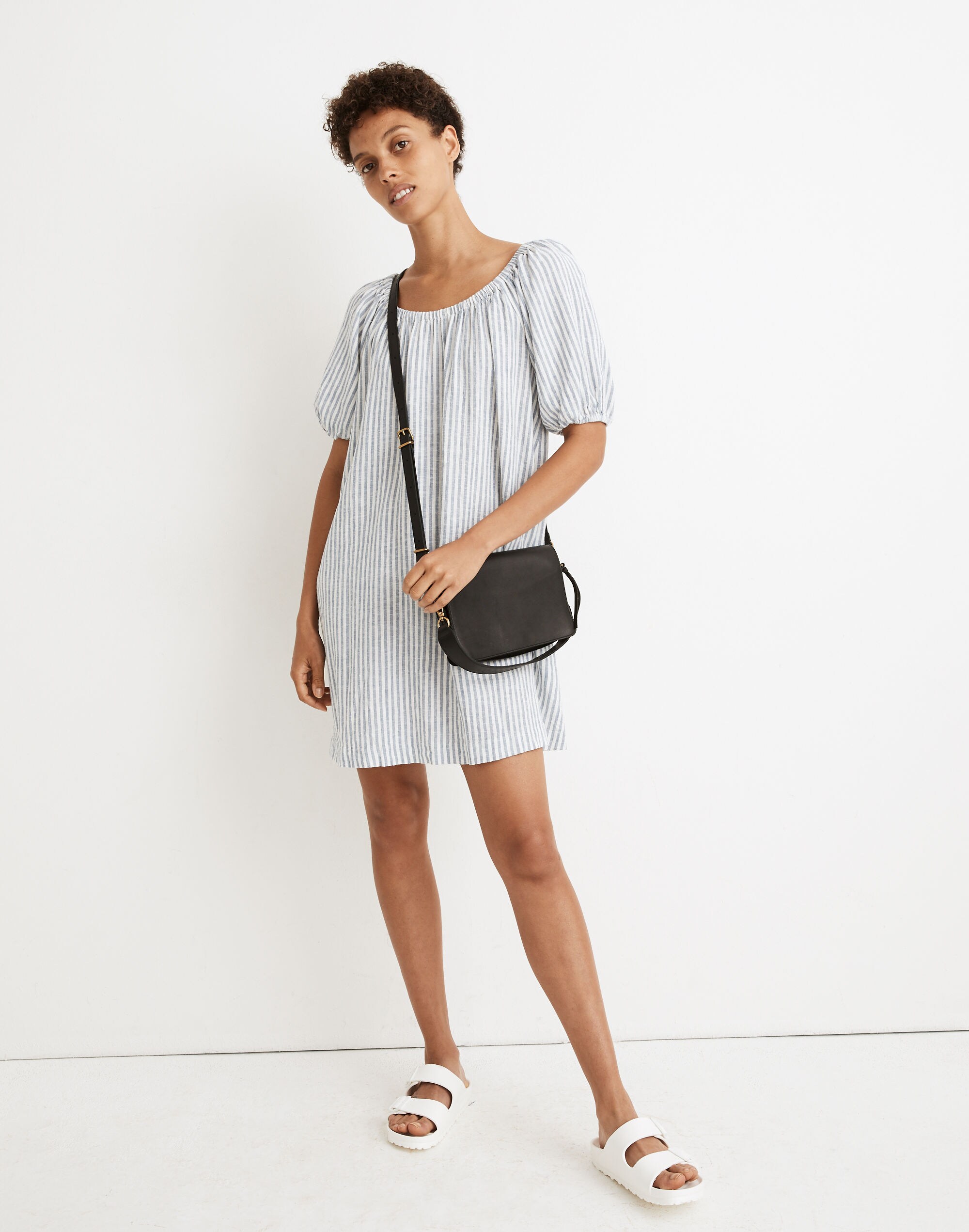 Linen-Blend Puff-Sleeve Trapeze Mini Dress in Railroad Stripe