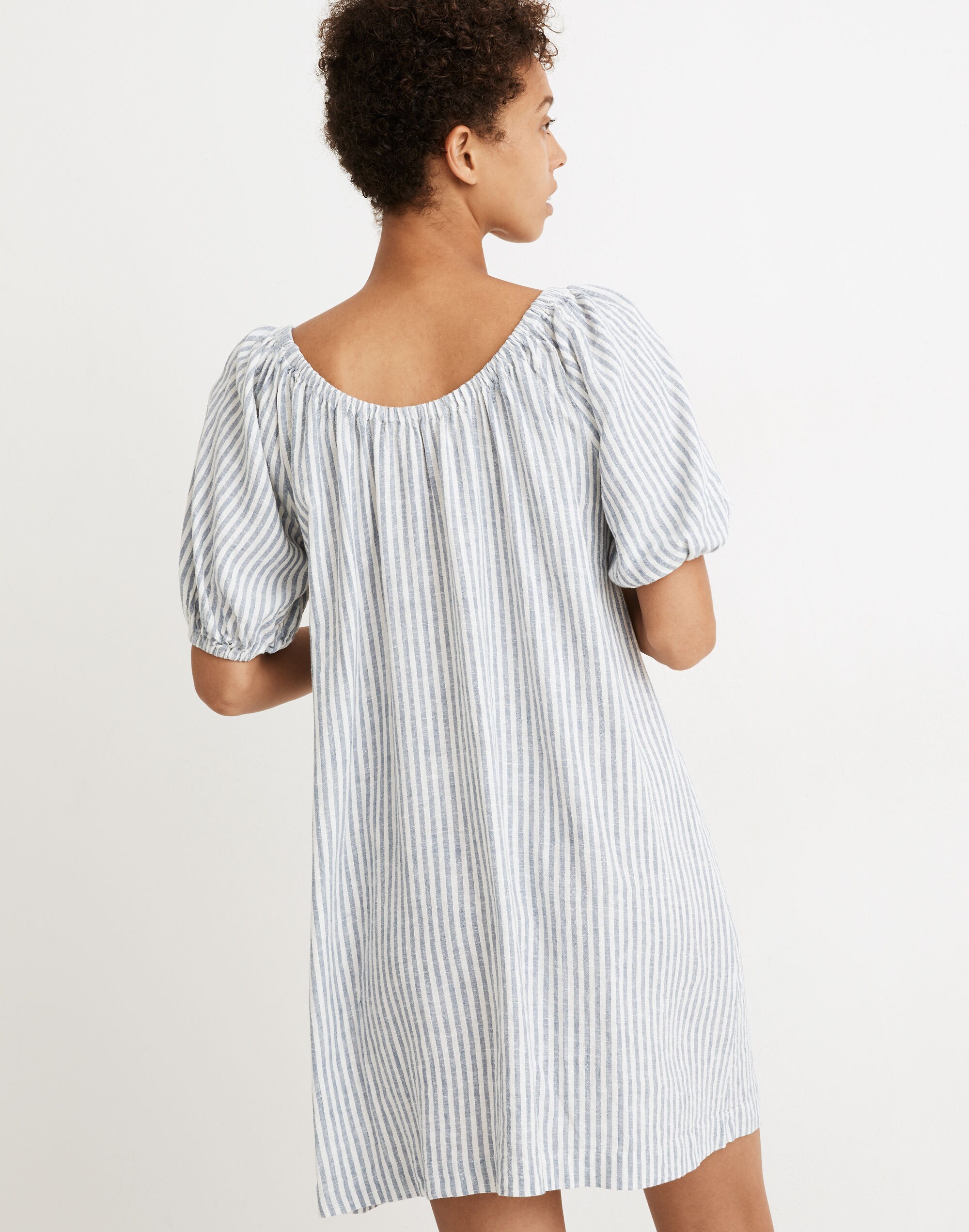 Petite Linen-Blend Puff-Sleeve Trapeze Mini Dress in Railroad Stripe