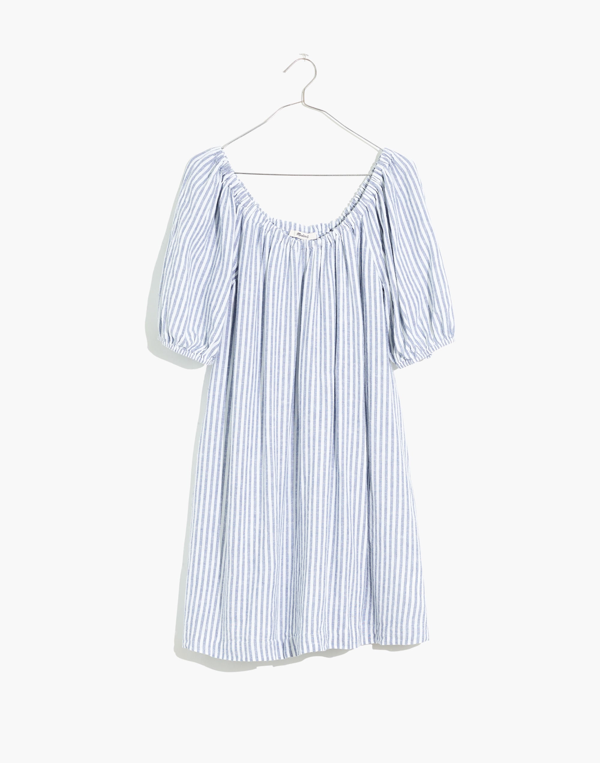 Petite Linen-Blend Puff-Sleeve Trapeze Mini Dress in Railroad Stripe