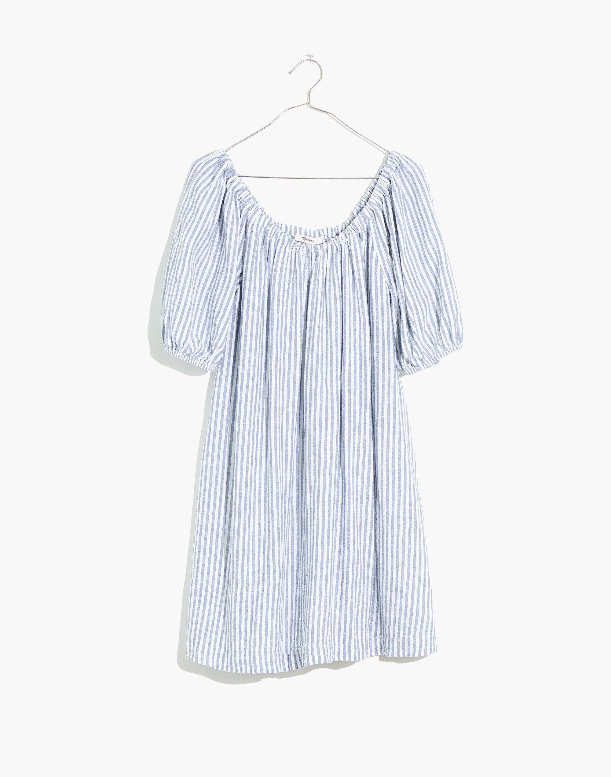 Linen-Blend Puff-Sleeve Trapeze Mini Dress in Railroad Stripe