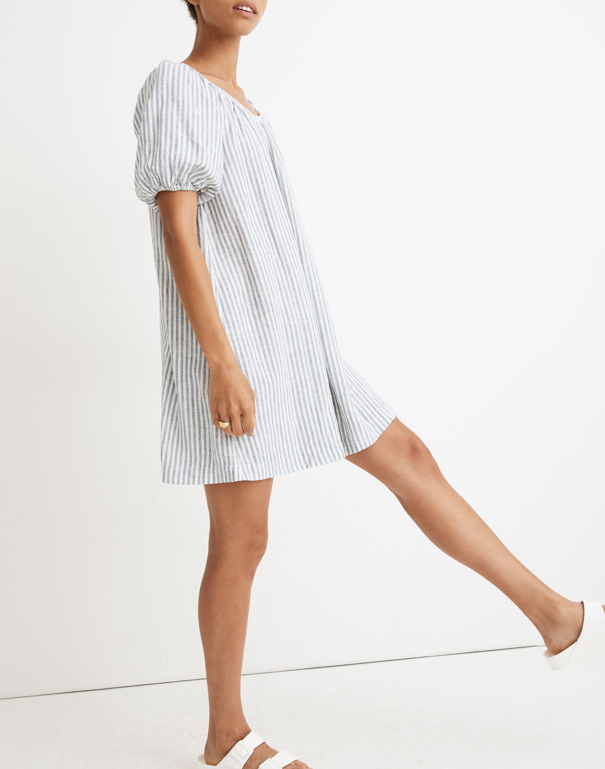 linen-blend puff-sleeve trapeze mini dress in railroad stripe