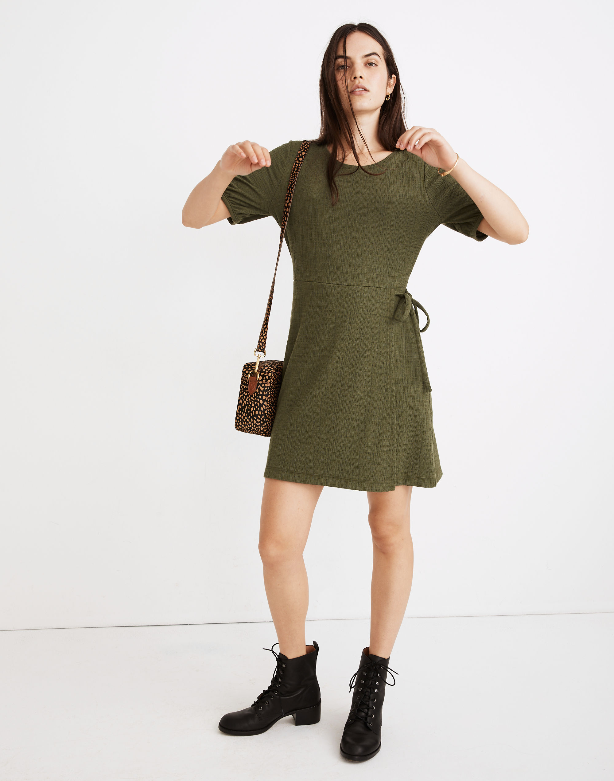 crosshatch puff-sleeve faux-wrap mini dress