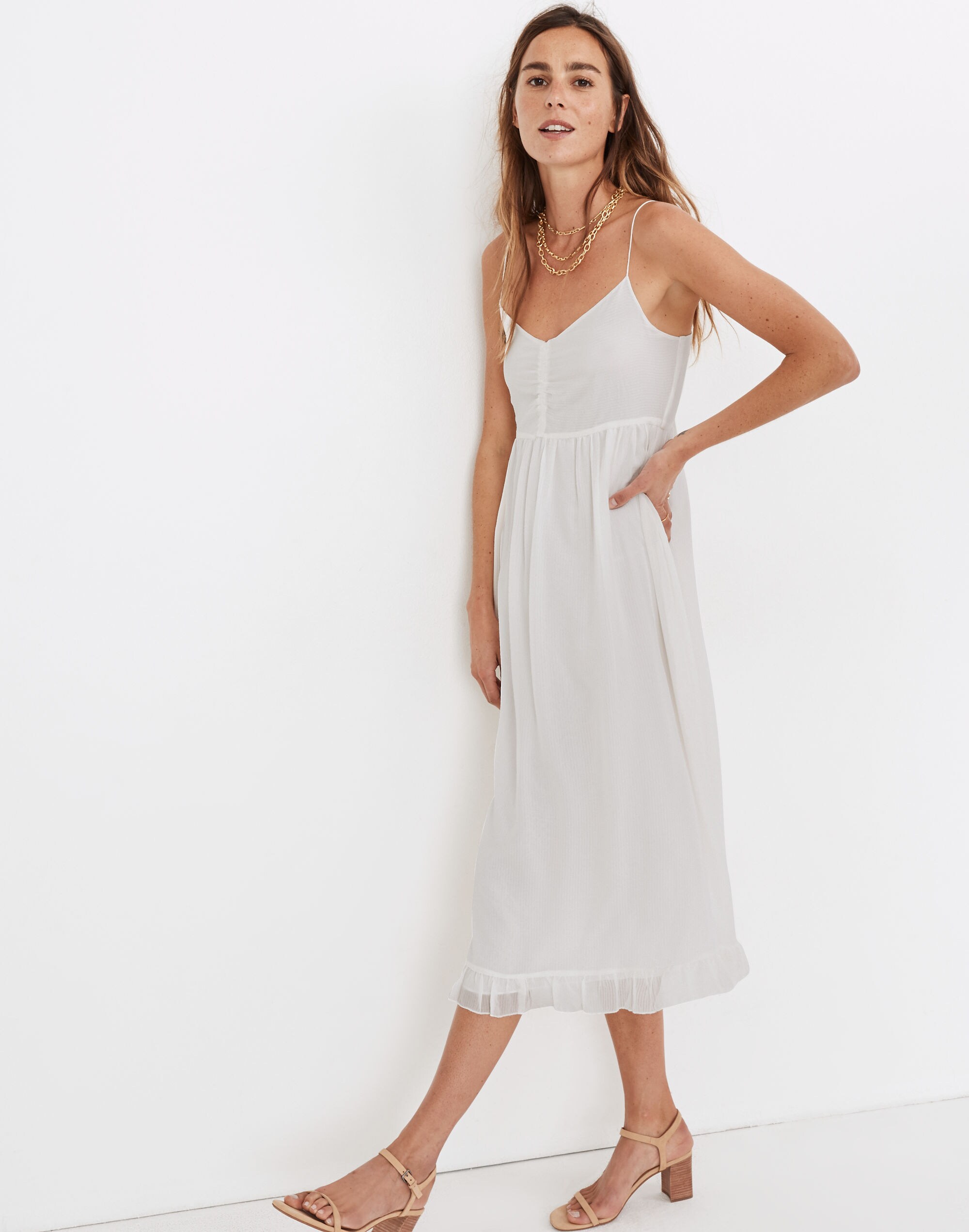 Silk Ruched Ruffle-Hem Midi Dress