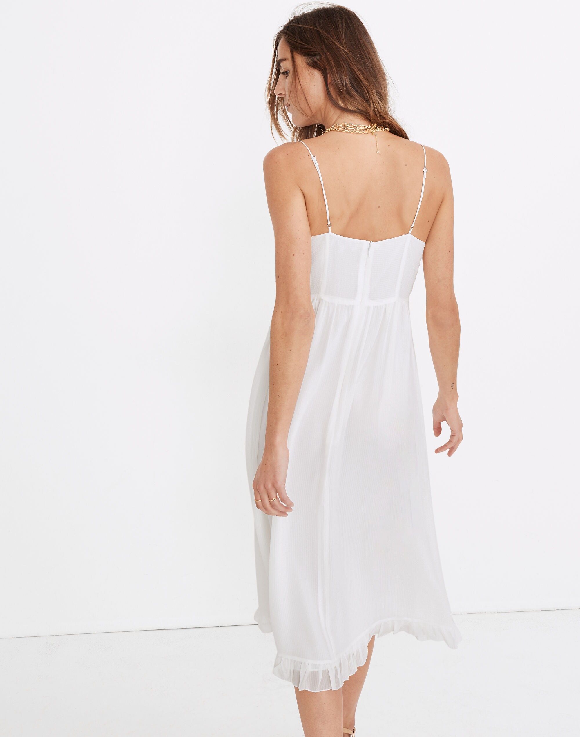 Silk Ruched Ruffle-Hem Midi Dress