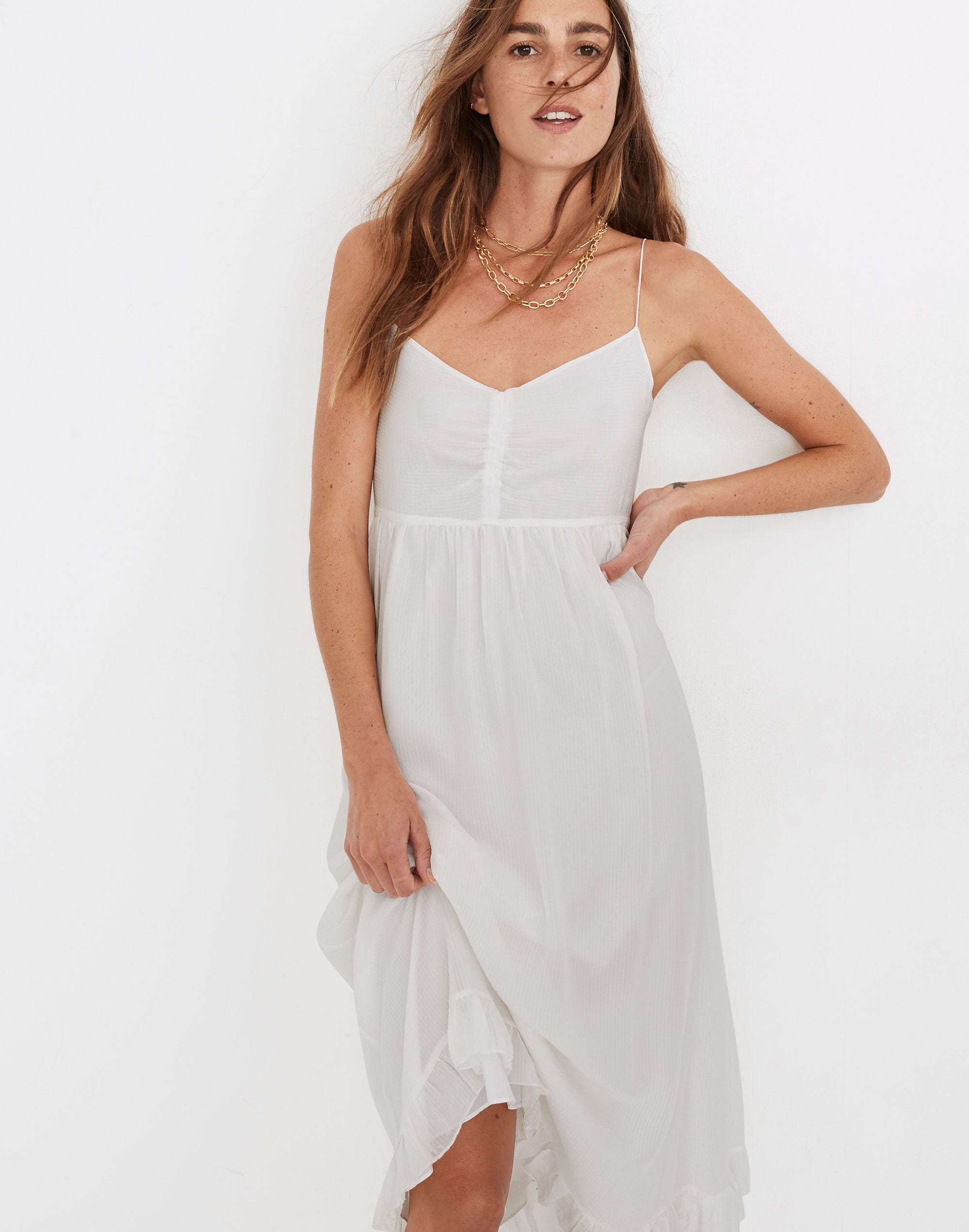 Silk Ruched Ruffle-Hem Midi Dress