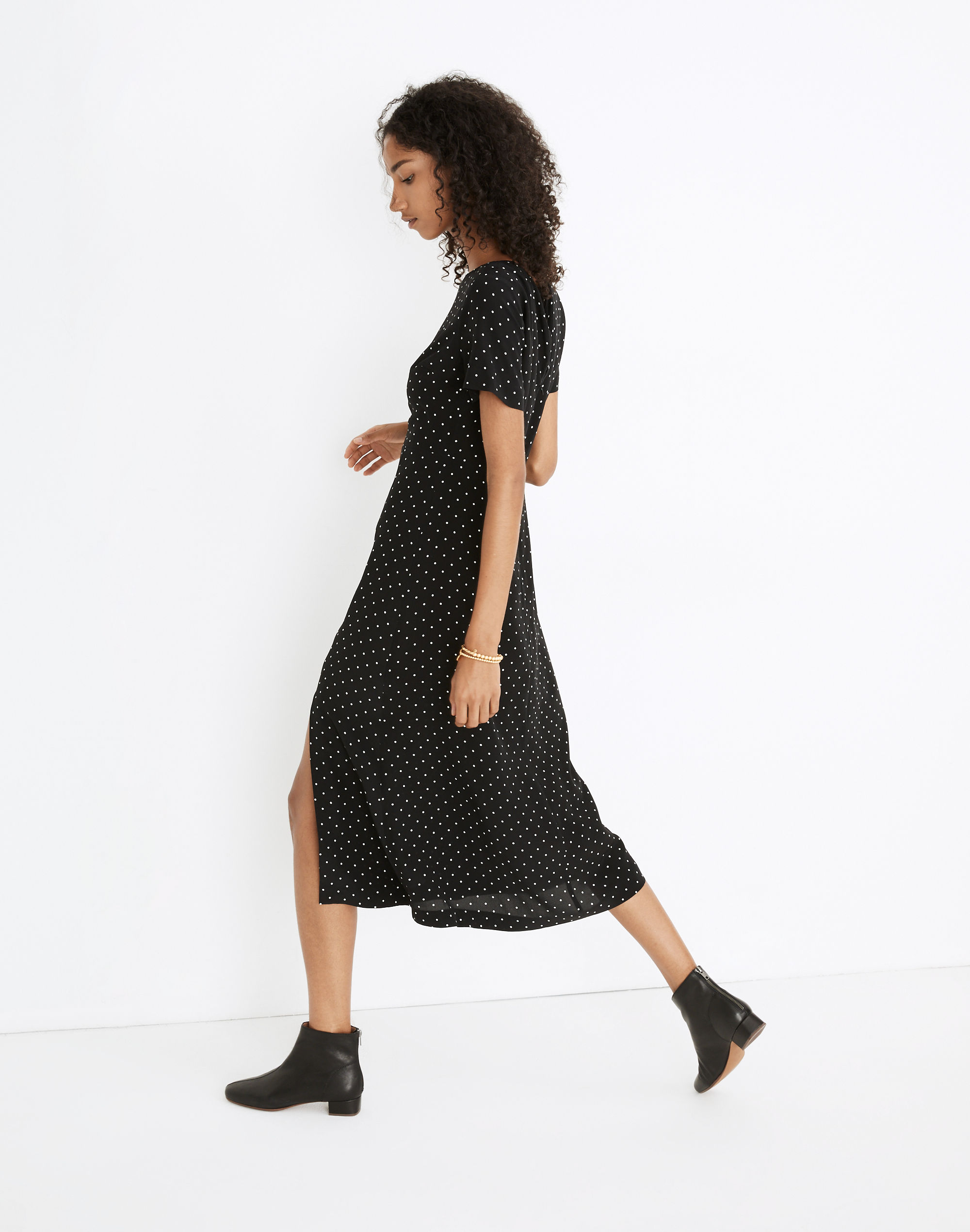 Silk Crewneck Midi Dress in Polka Dot