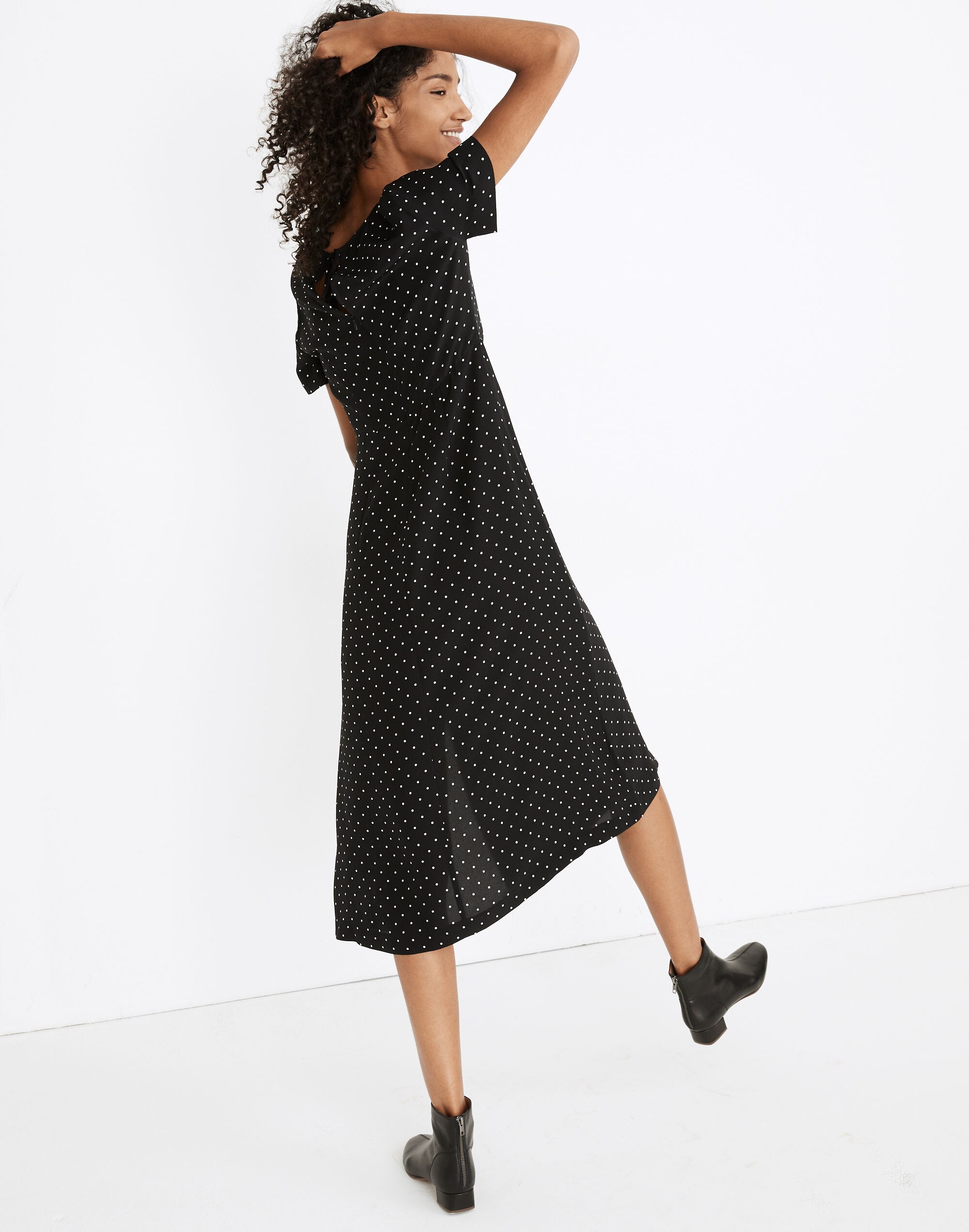 Silk Crewneck Midi Dress in Polka Dot